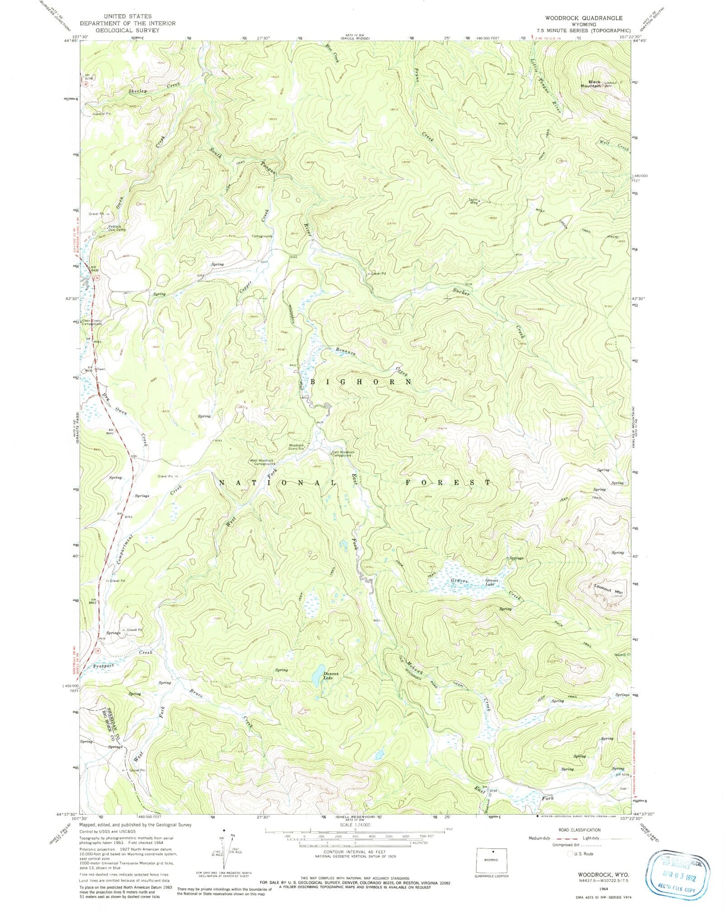 Classic USGS Woodrock Wyoming 7.5'x7.5' Topo Map Image