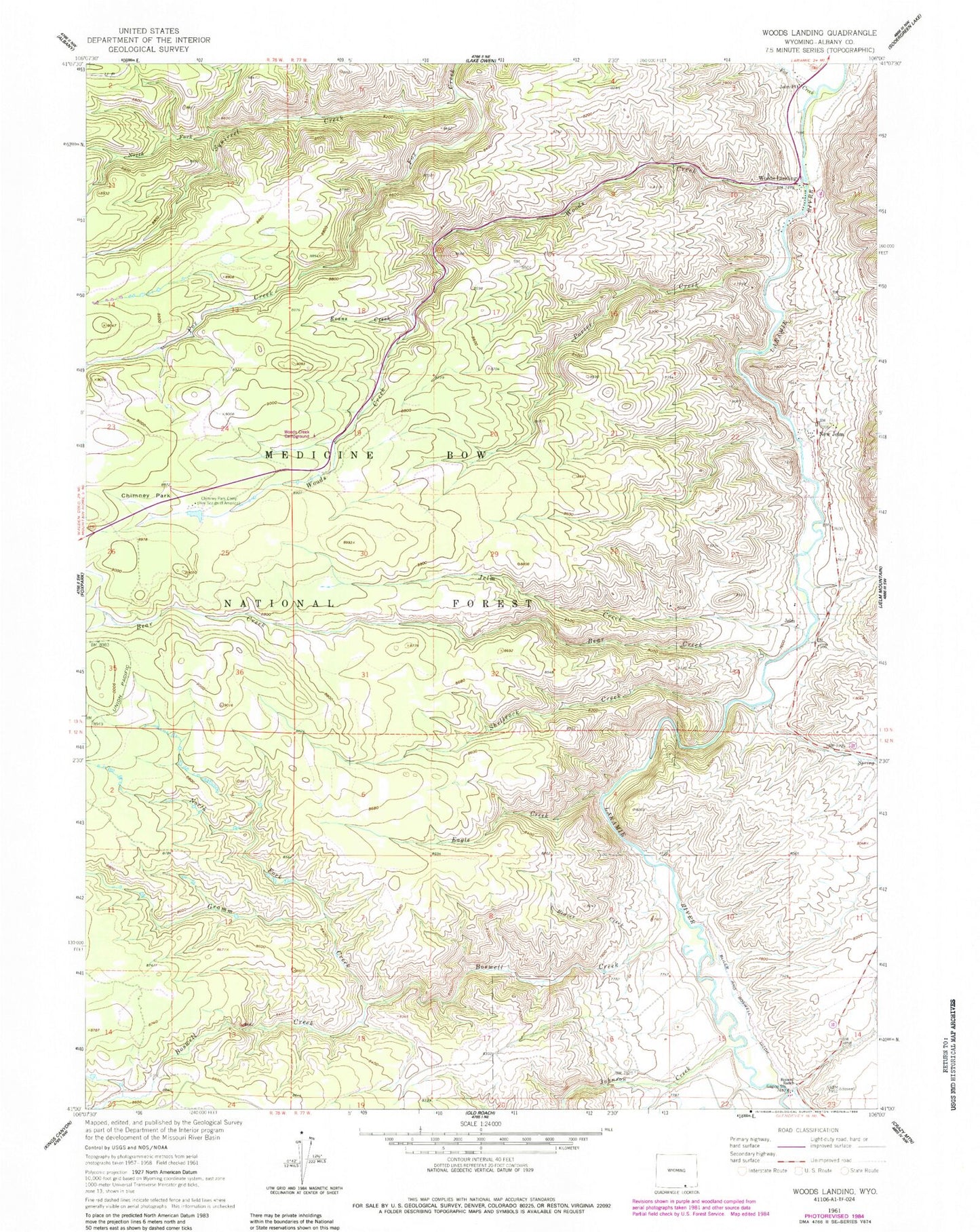 Classic USGS Woods Landing Wyoming 7.5'x7.5' Topo Map Image