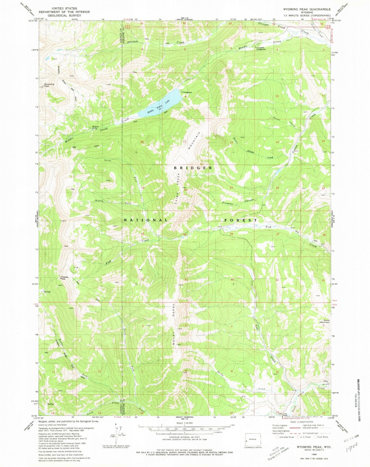 Classic USGS Wyoming Peak Wyoming 7.5'x7.5' Topo Map Image