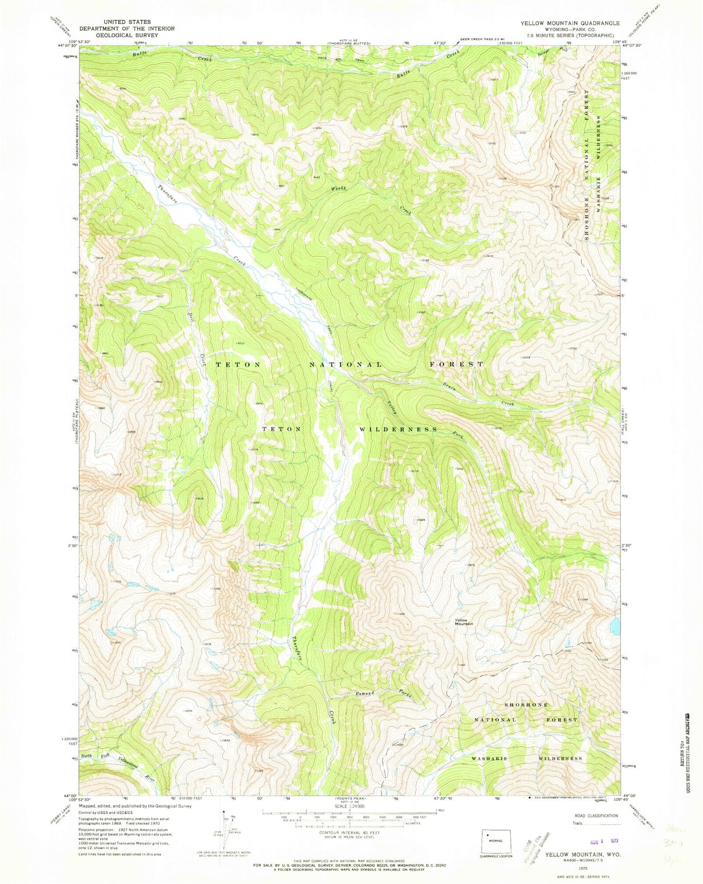 Classic USGS Yellow Mountain Wyoming 7.5'x7.5' Topo Map Image