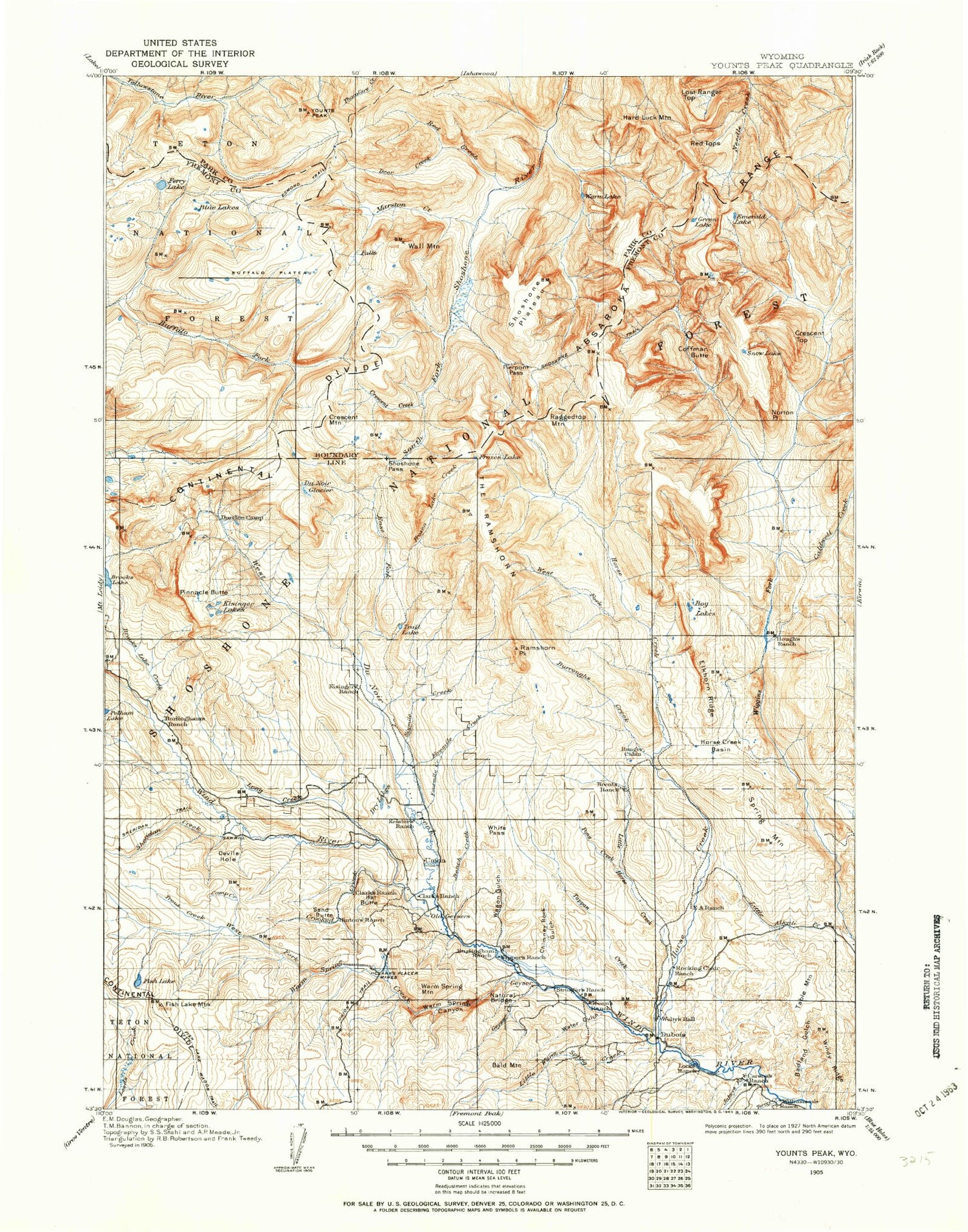 Historic 1905 Younts Peak Wyoming 30'x30' Topo Map Image
