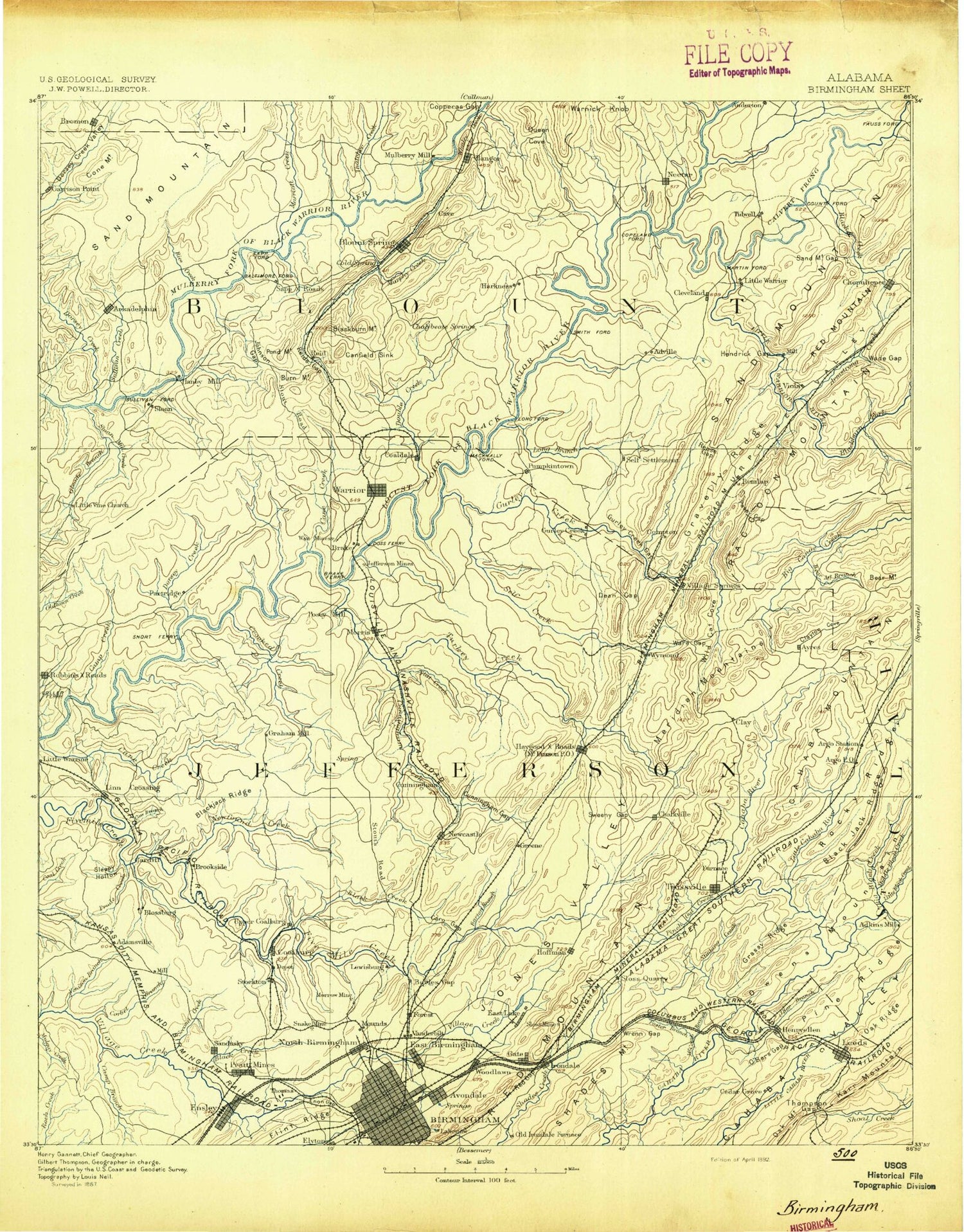 Historic 1892 Birmingham Alabama 30'x30' Topo Map Image