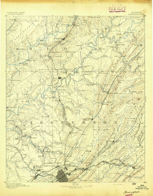 Historic 1892 Birmingham Alabama 30'x30' Topo Map Image
