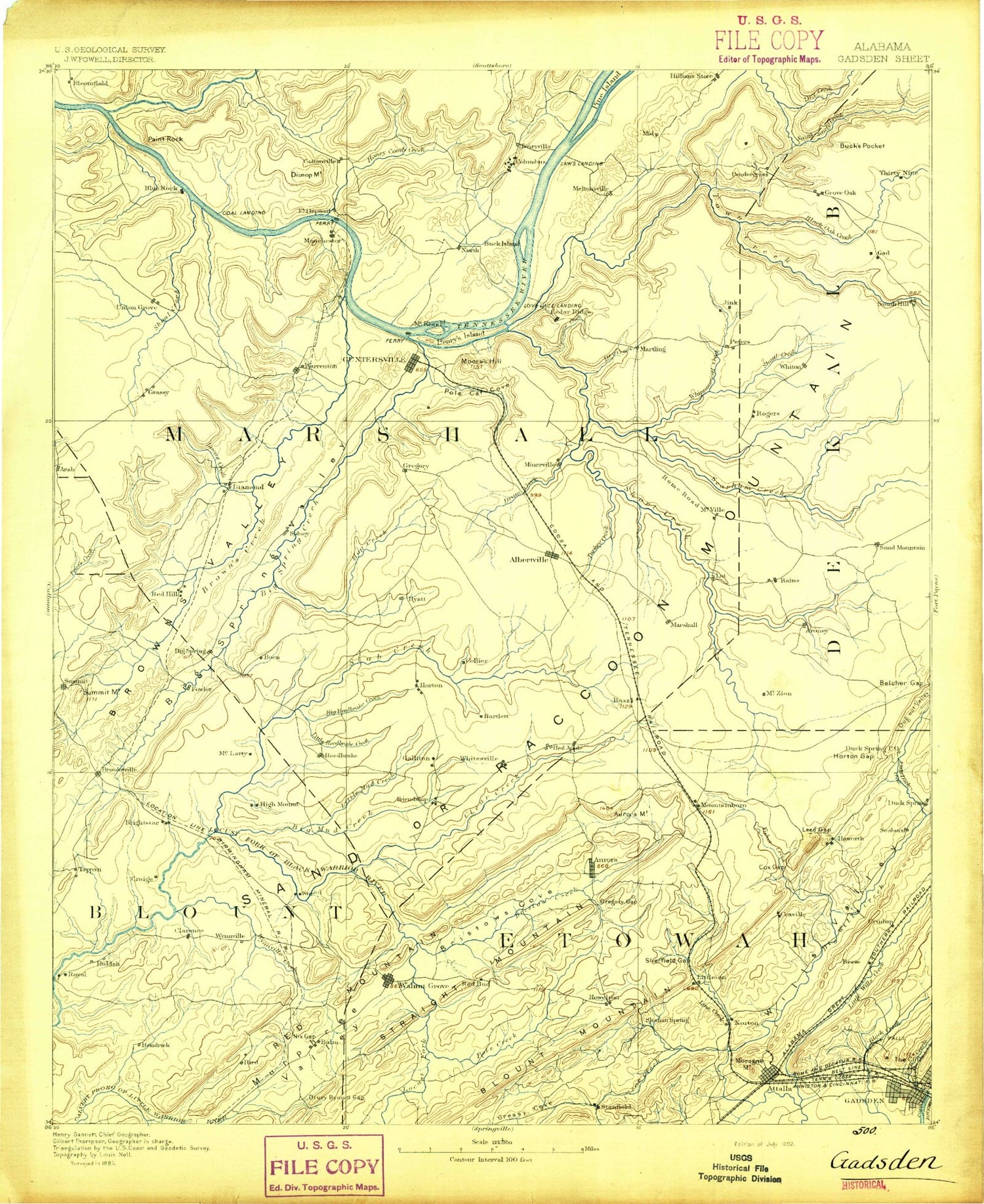 Historic 1892 Gadsden Alabama 30'x30' Topo Map Image