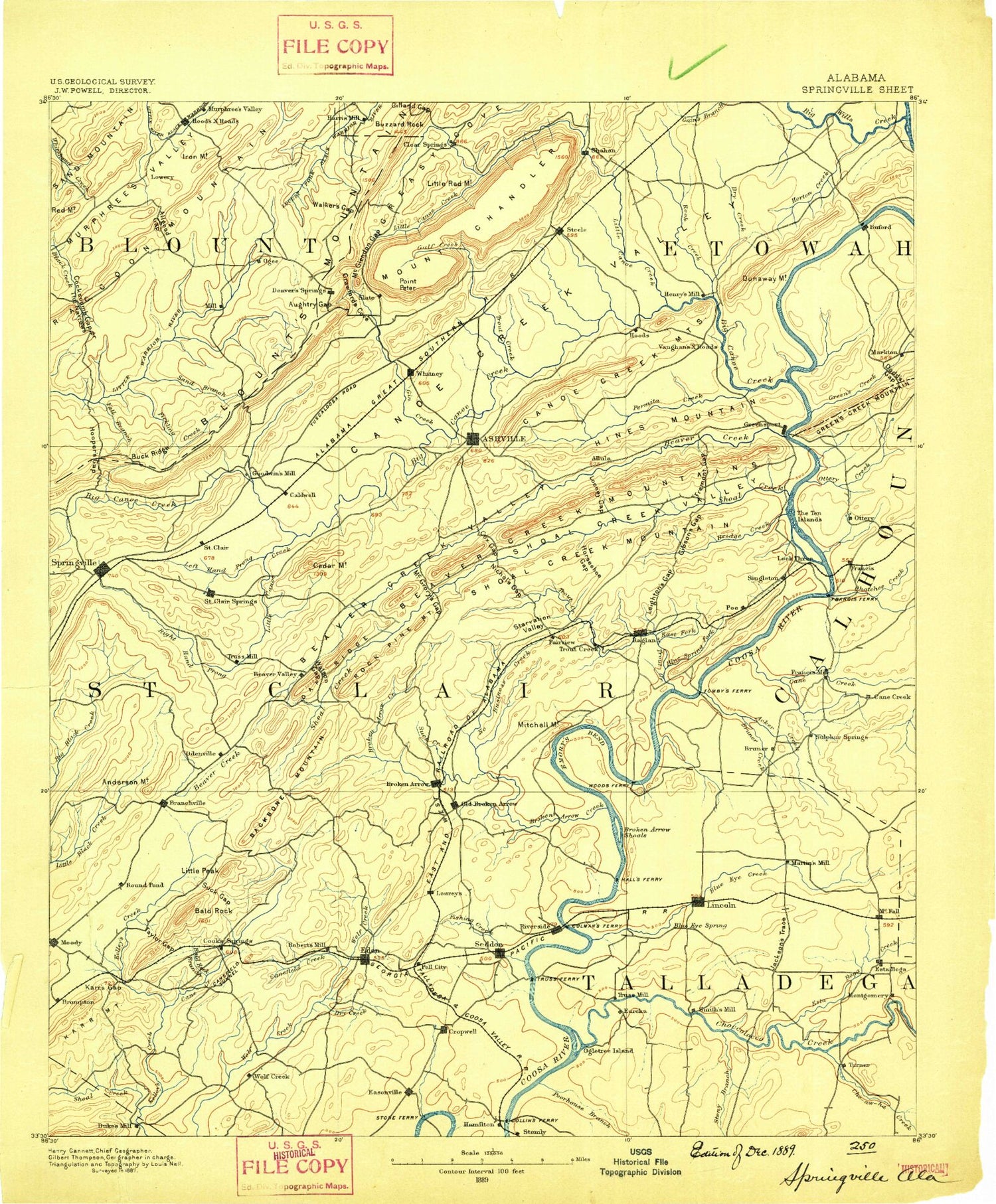 Historic 1889 Springville Alabama 30'x30' Topo Map Image