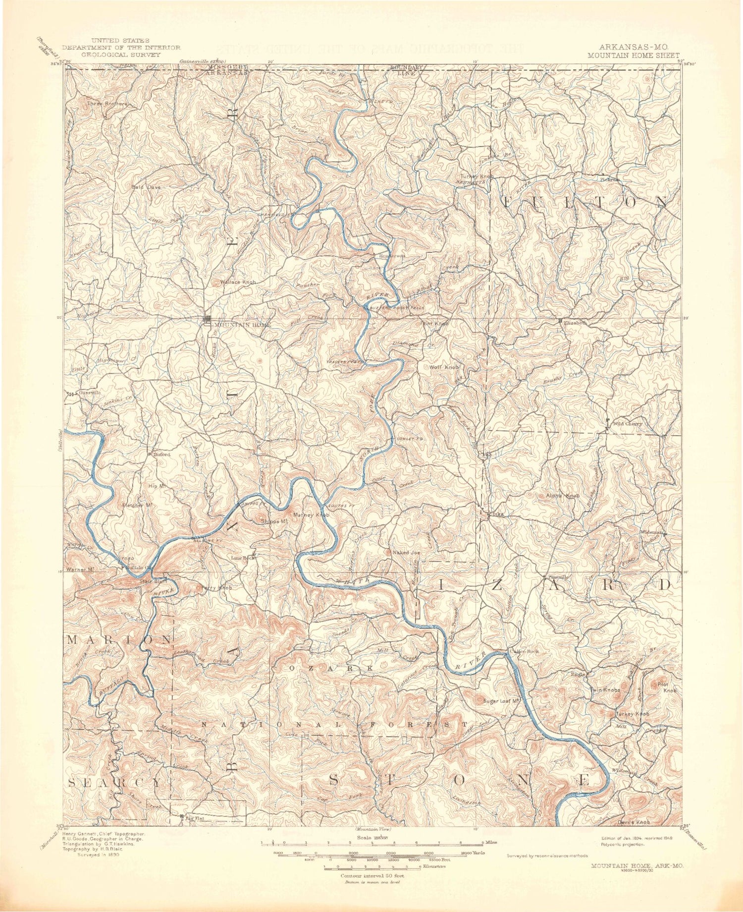 Historic 1894 Mountain Home Arkansas 30'x30' Topo Map Image