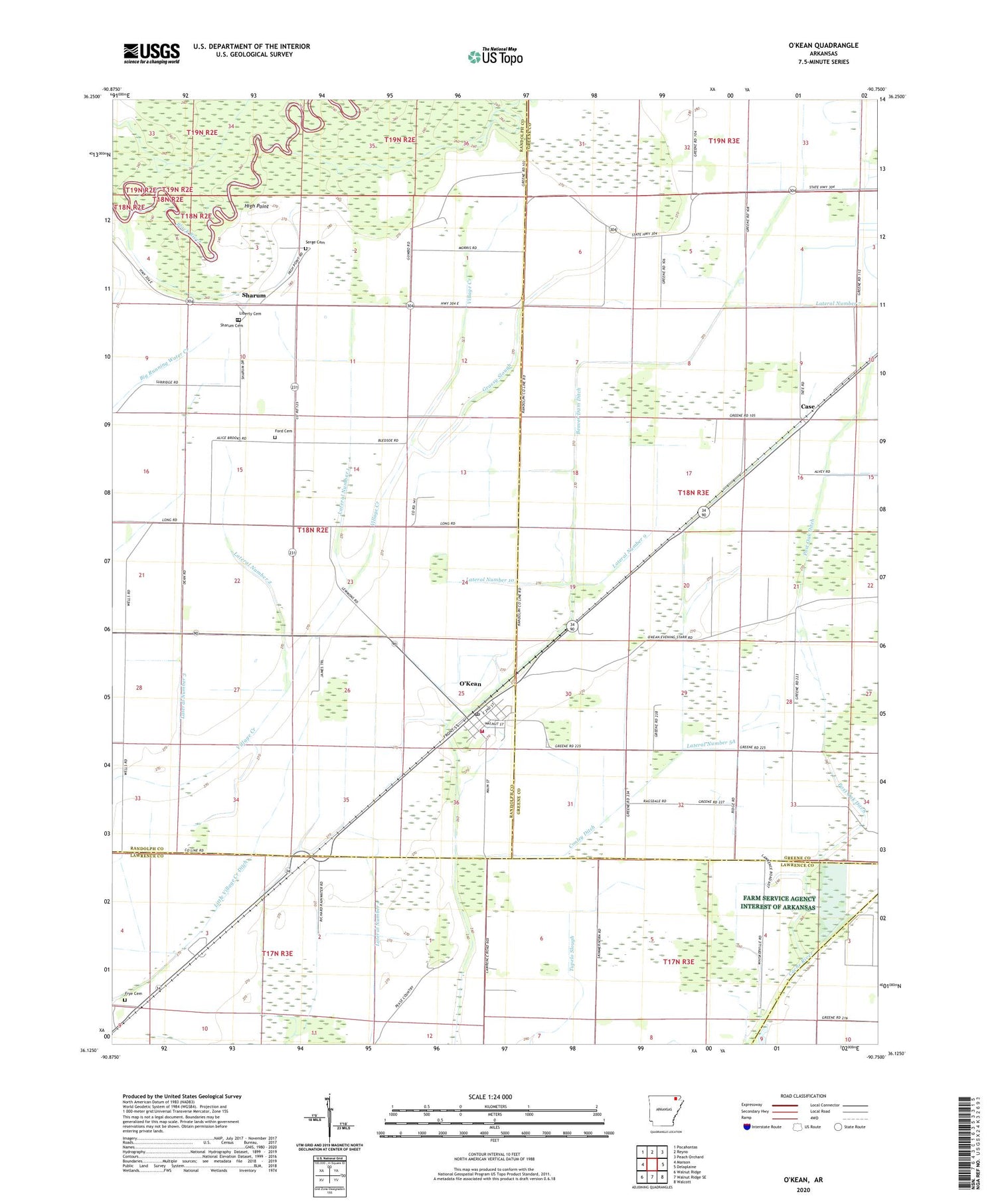 O'Kean Arkansas US Topo Map Image