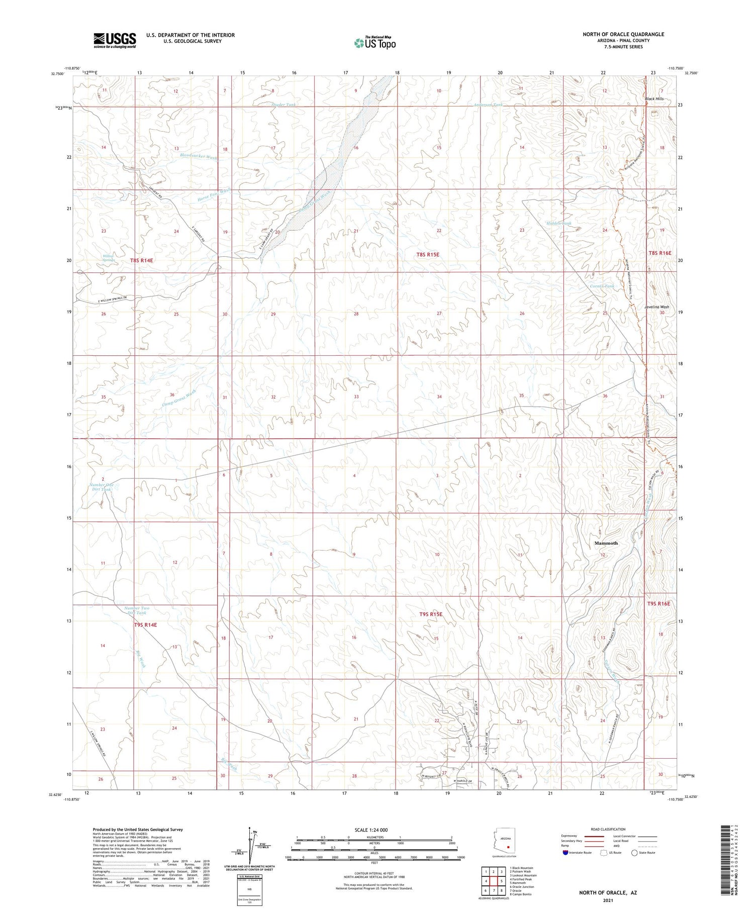 North of Oracle Arizona US Topo Map Image
