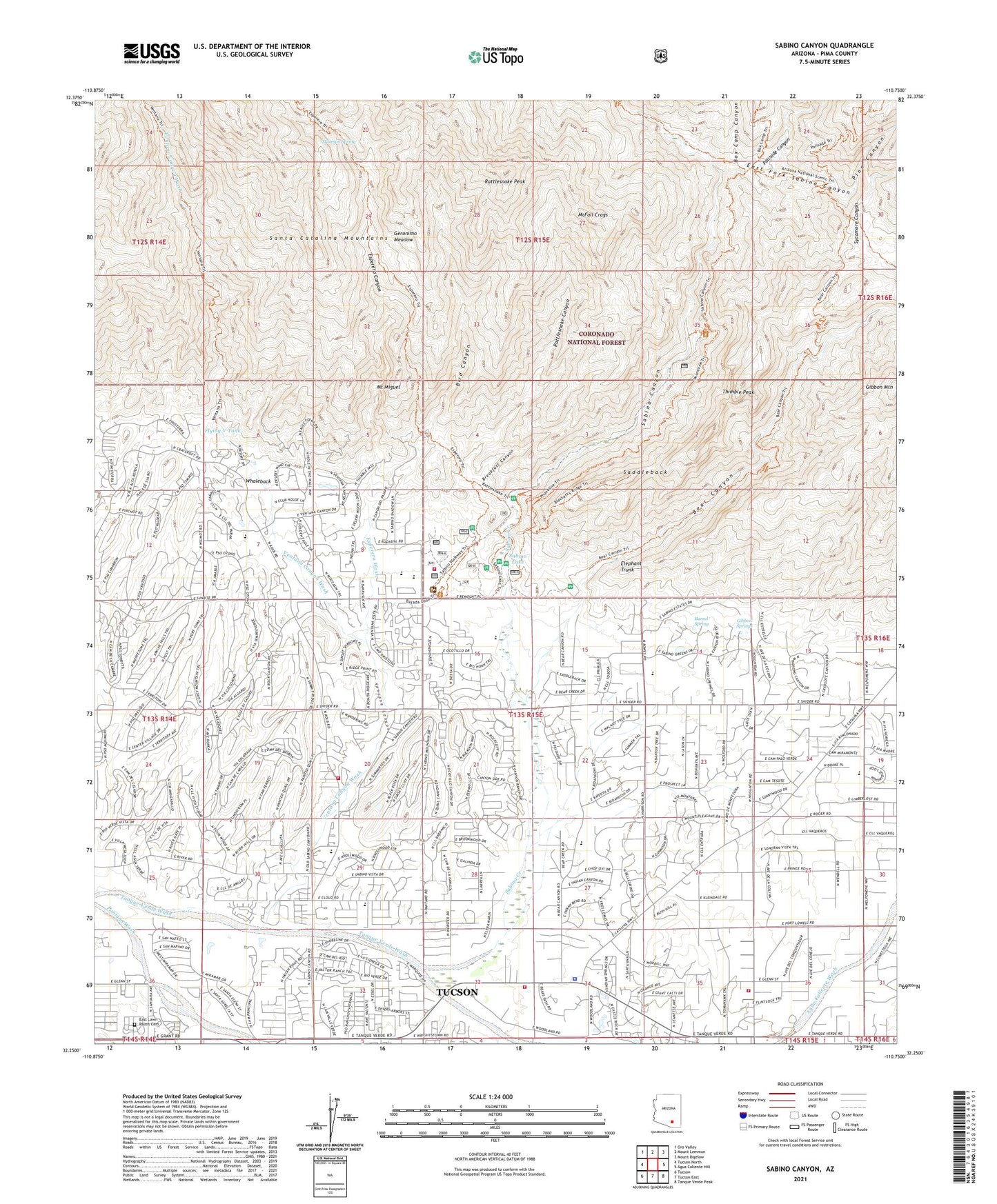 Sabino Canyon Arizona US Topo Map Image
