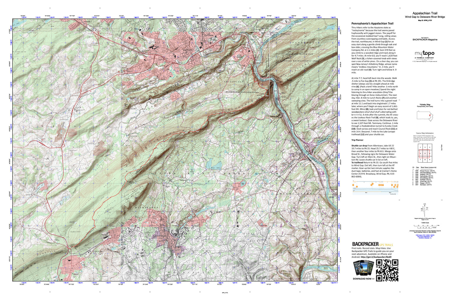 Wind Gap to Delaware River Bridge Map (Appalachian Trail, Pennsylvania) Image