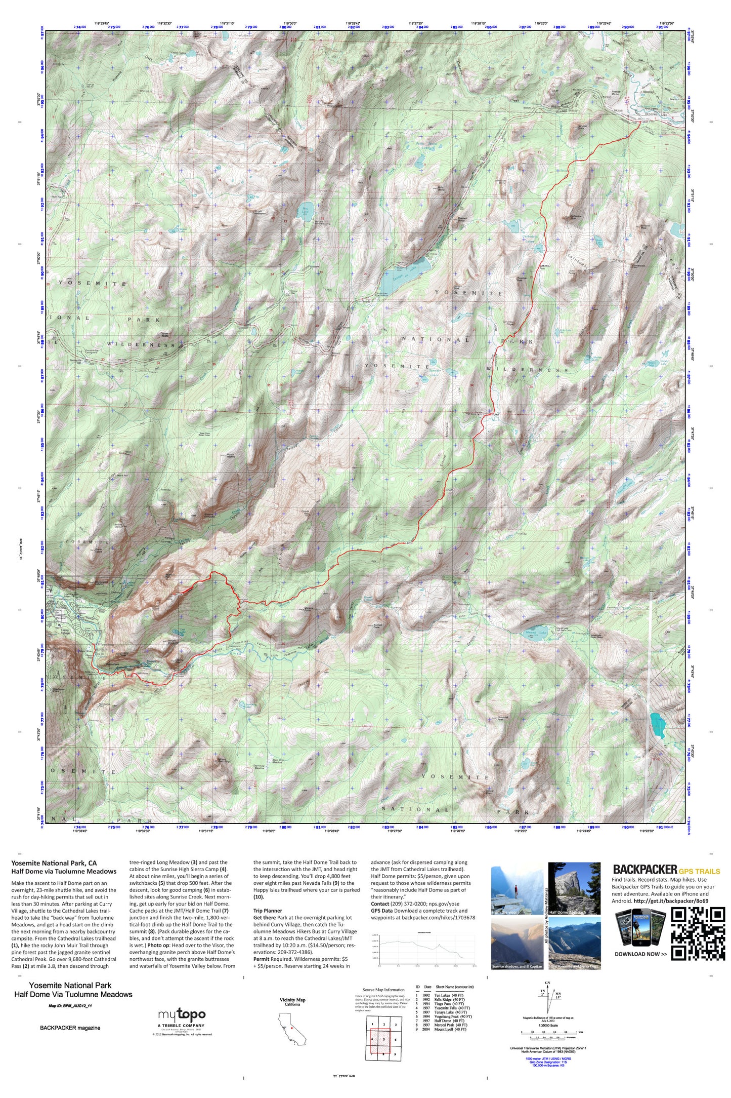 Half Dome via Tuolumne Meadows Map (Yosemite NP, California) Image