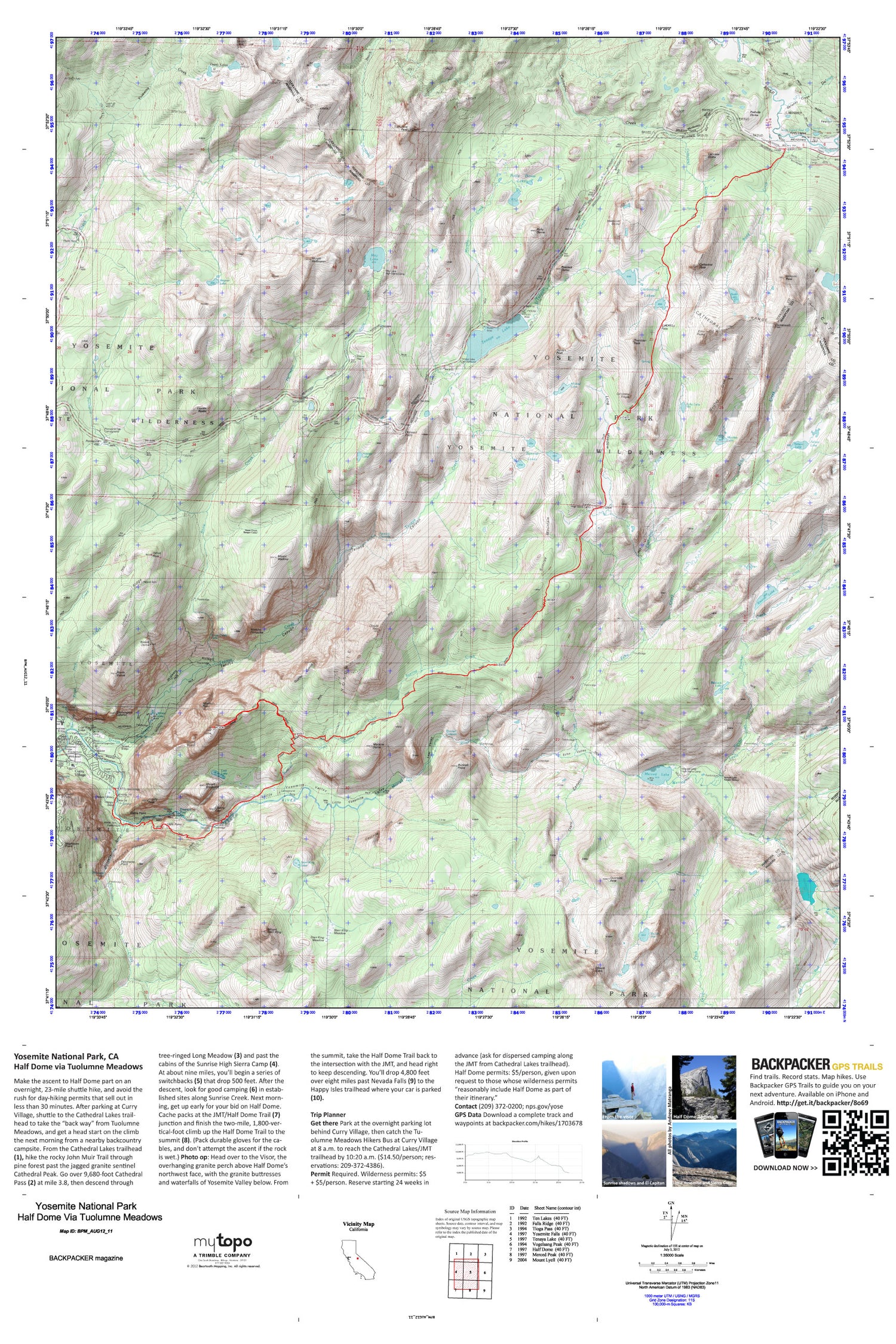 Half Dome via Tuolumne Meadows Map (Yosemite NP, California) Image