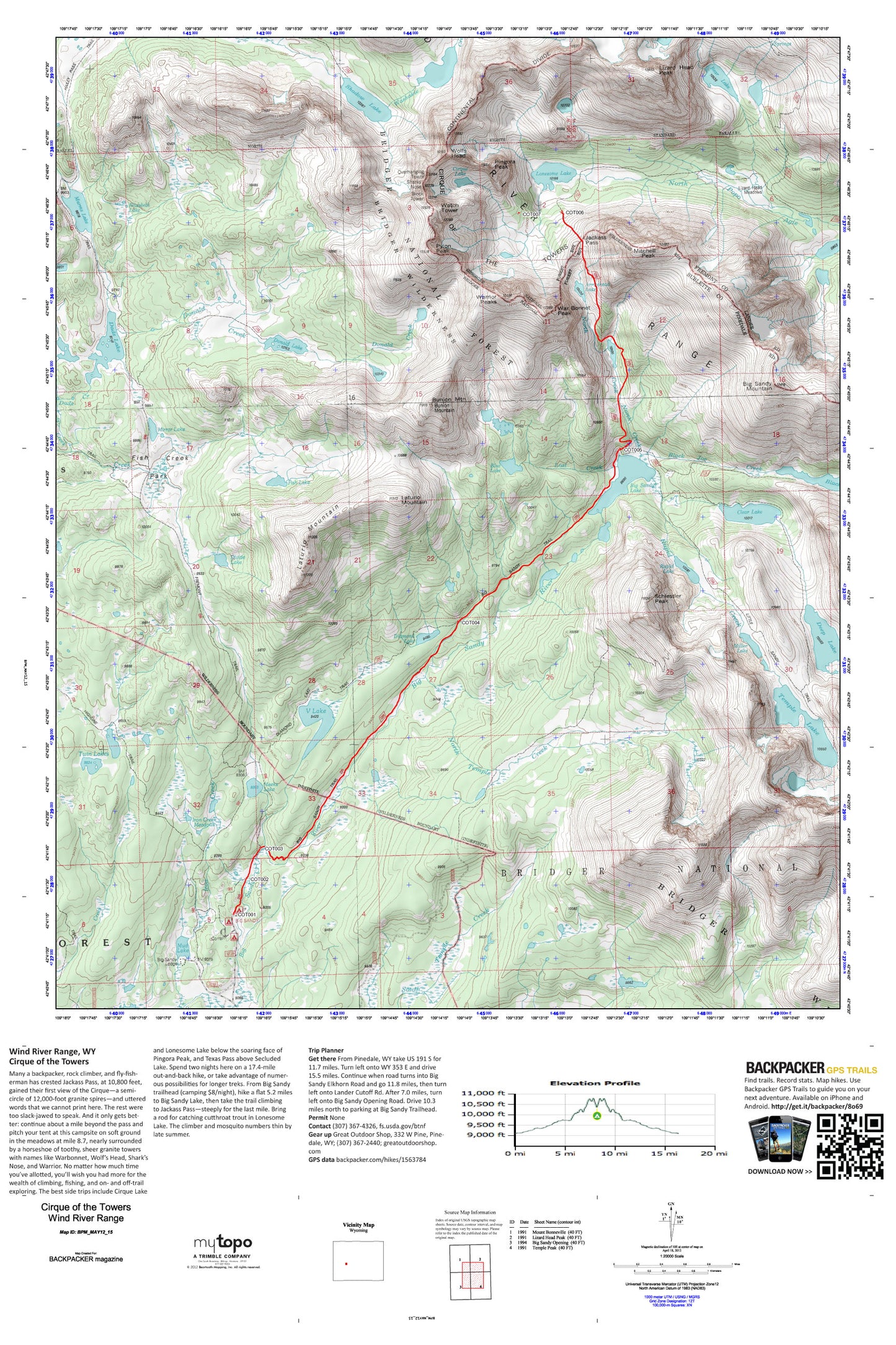 Cirque of the Towers Map (Wind River Range, Wyoming) Image