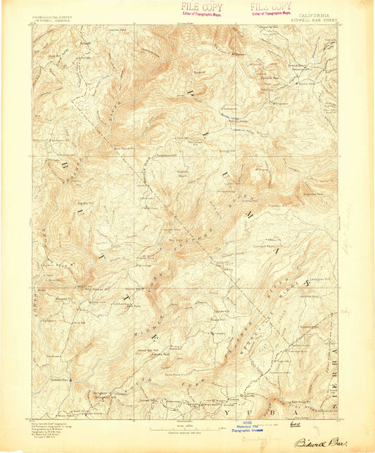 Historic 1893 Bidwell Bar California 30'x30' Topo Map Image