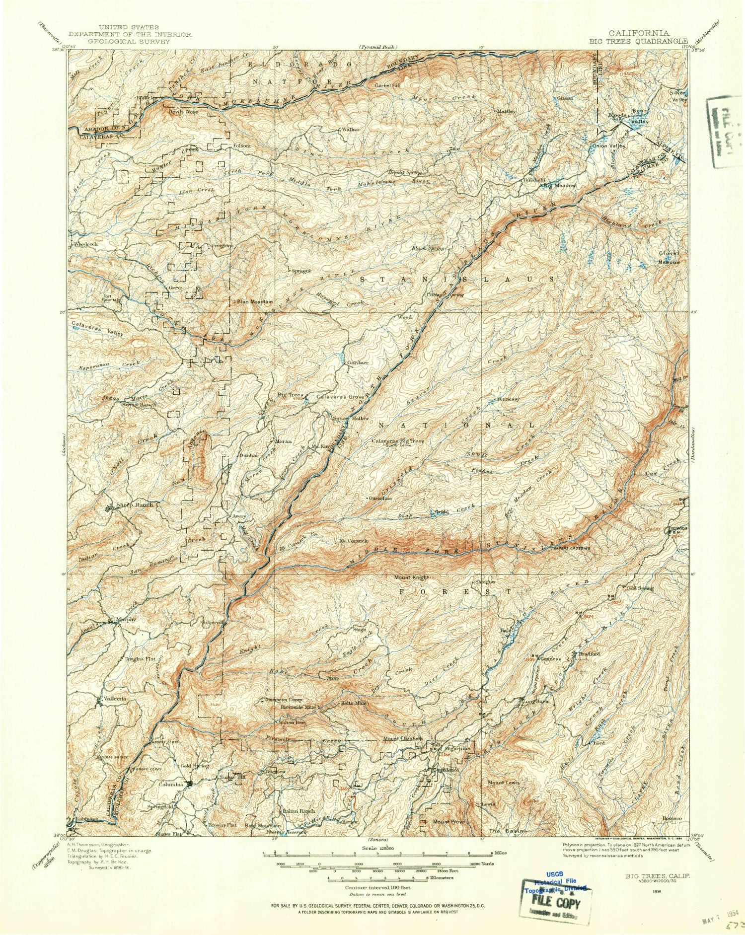 Historic 1891 Big Trees California 30'x30' Topo Map Image