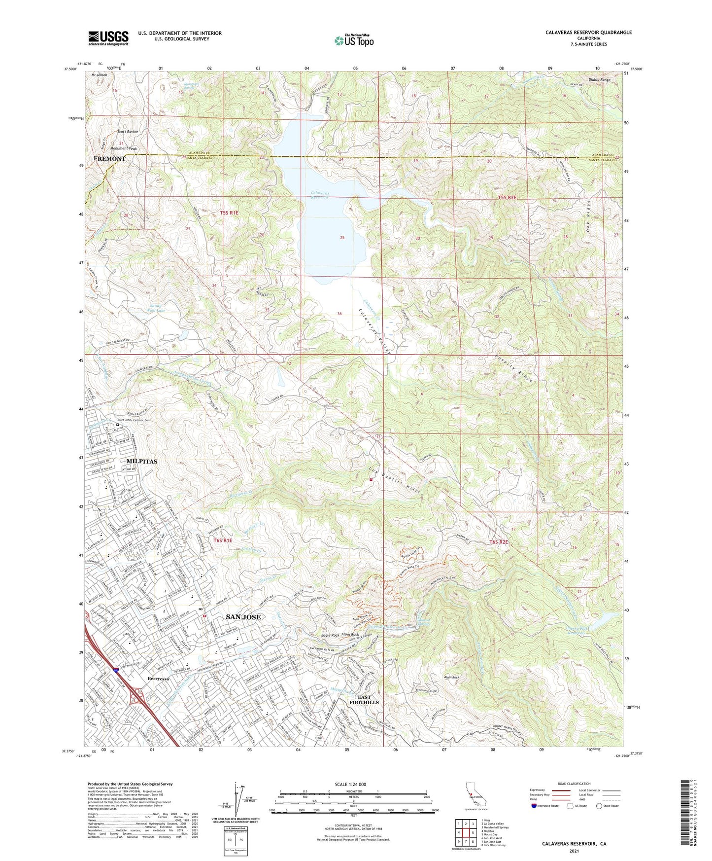 Calaveras Reservoir California US Topo Map Image