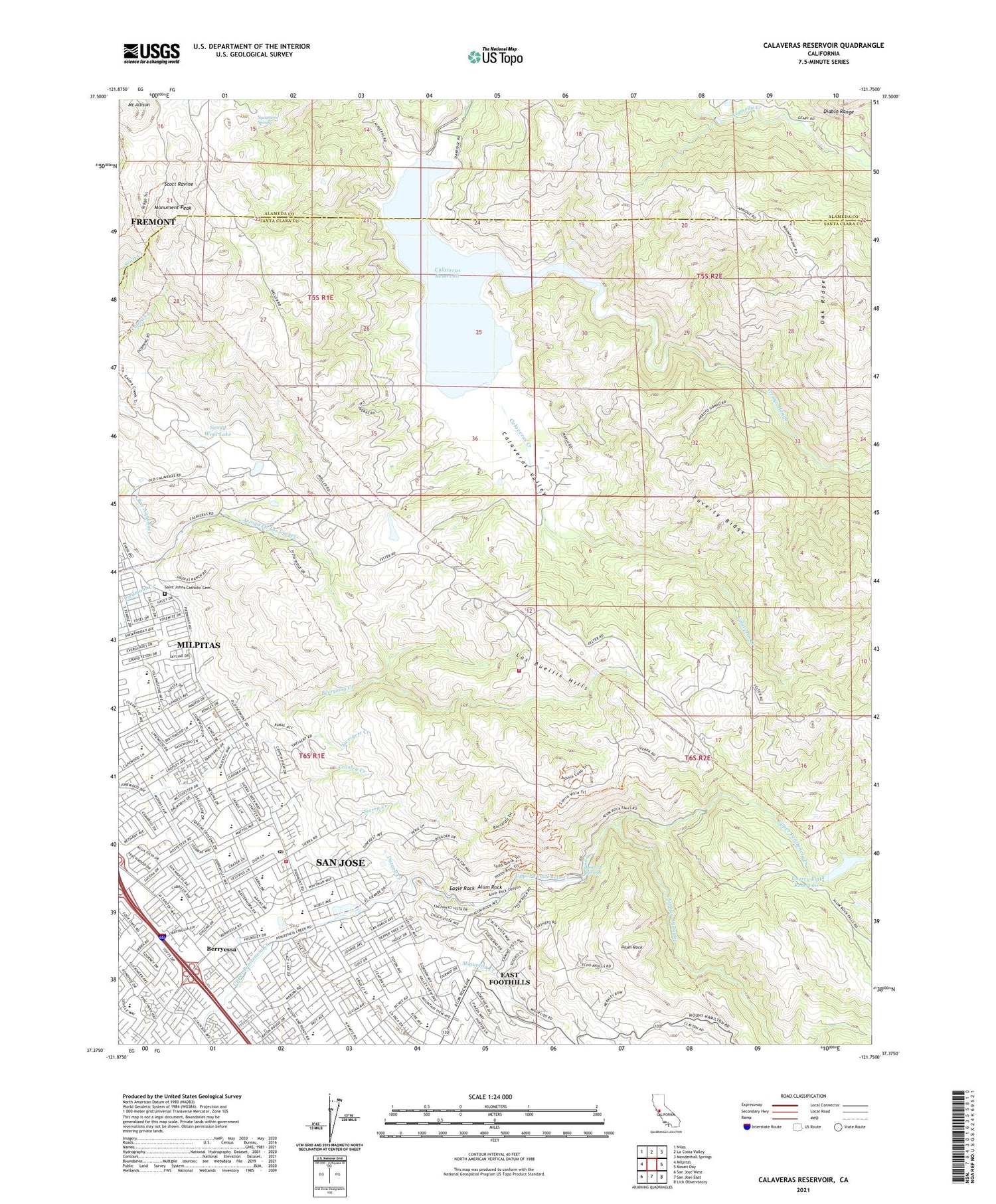 Calaveras Reservoir California US Topo Map Image