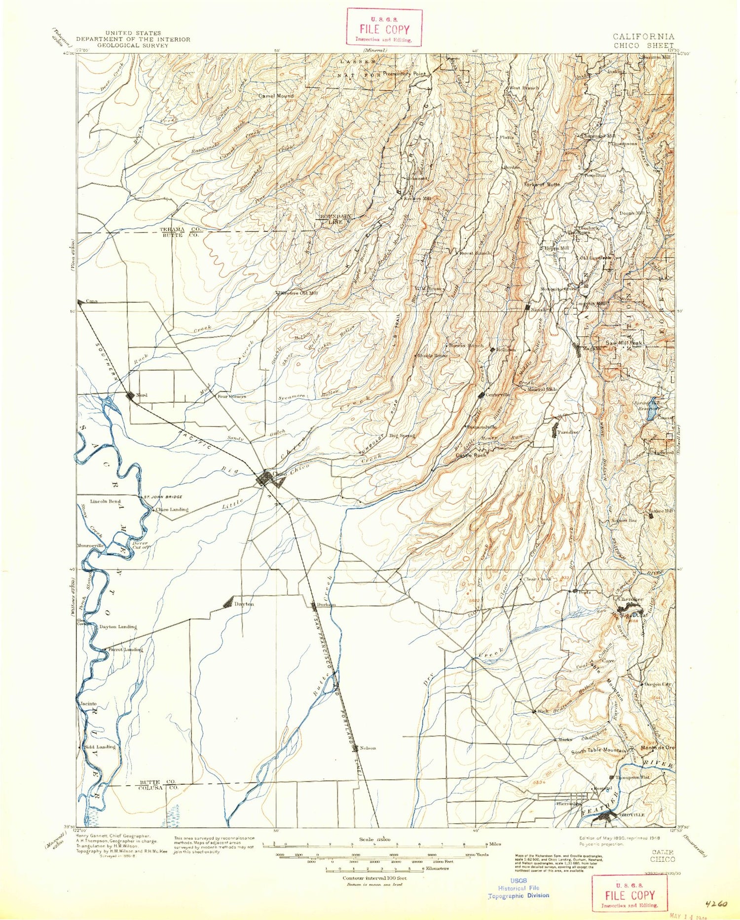 Historic 1895 Chico California 30'x30' Topo Map Image