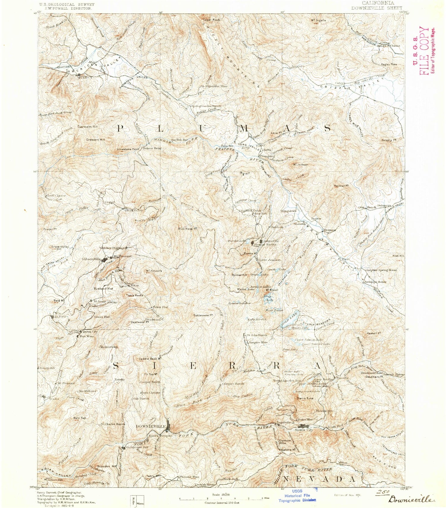 Historic 1891 Downieville California 30'x30' Topo Map Image