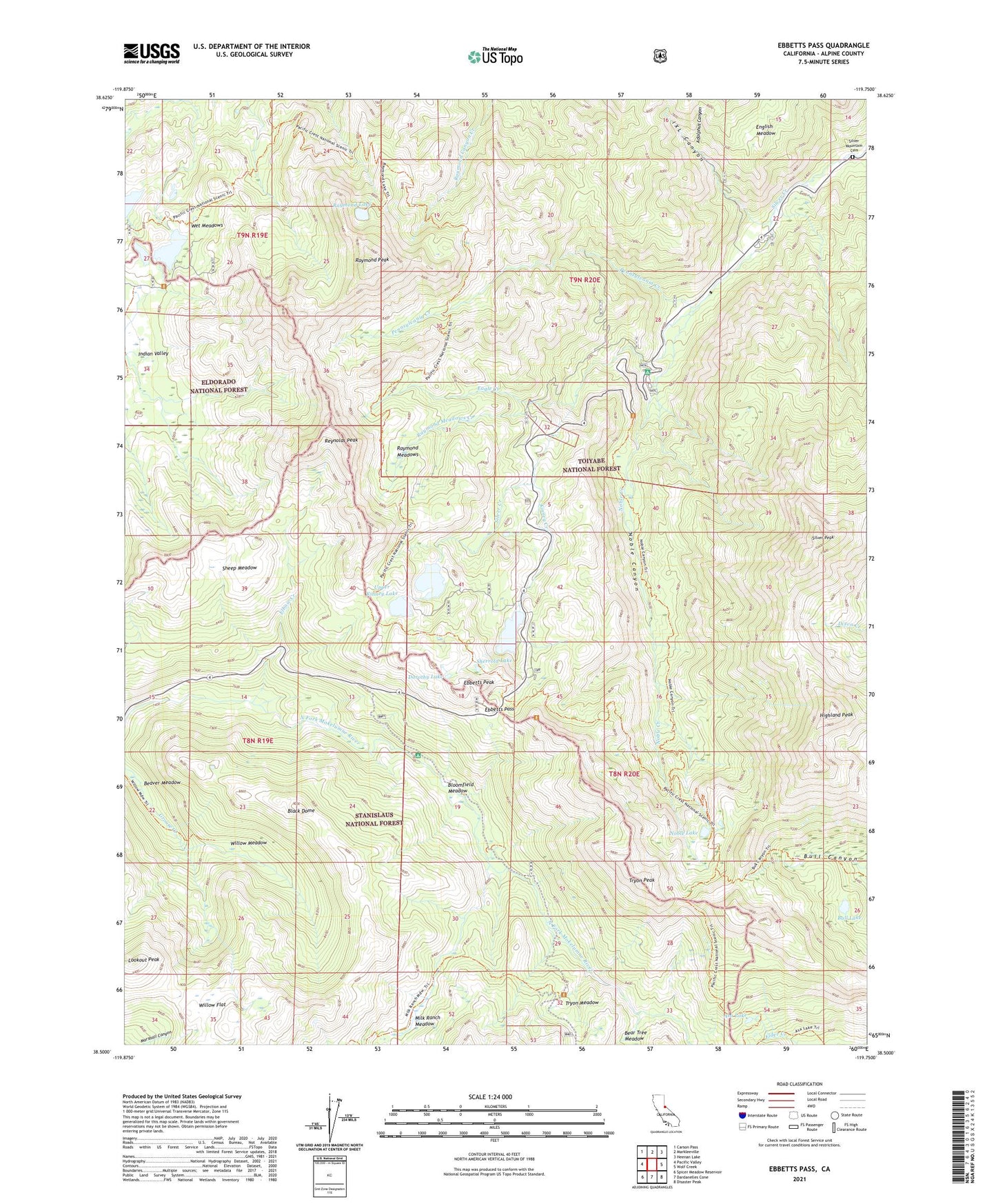 Ebbetts Pass California US Topo Map Image