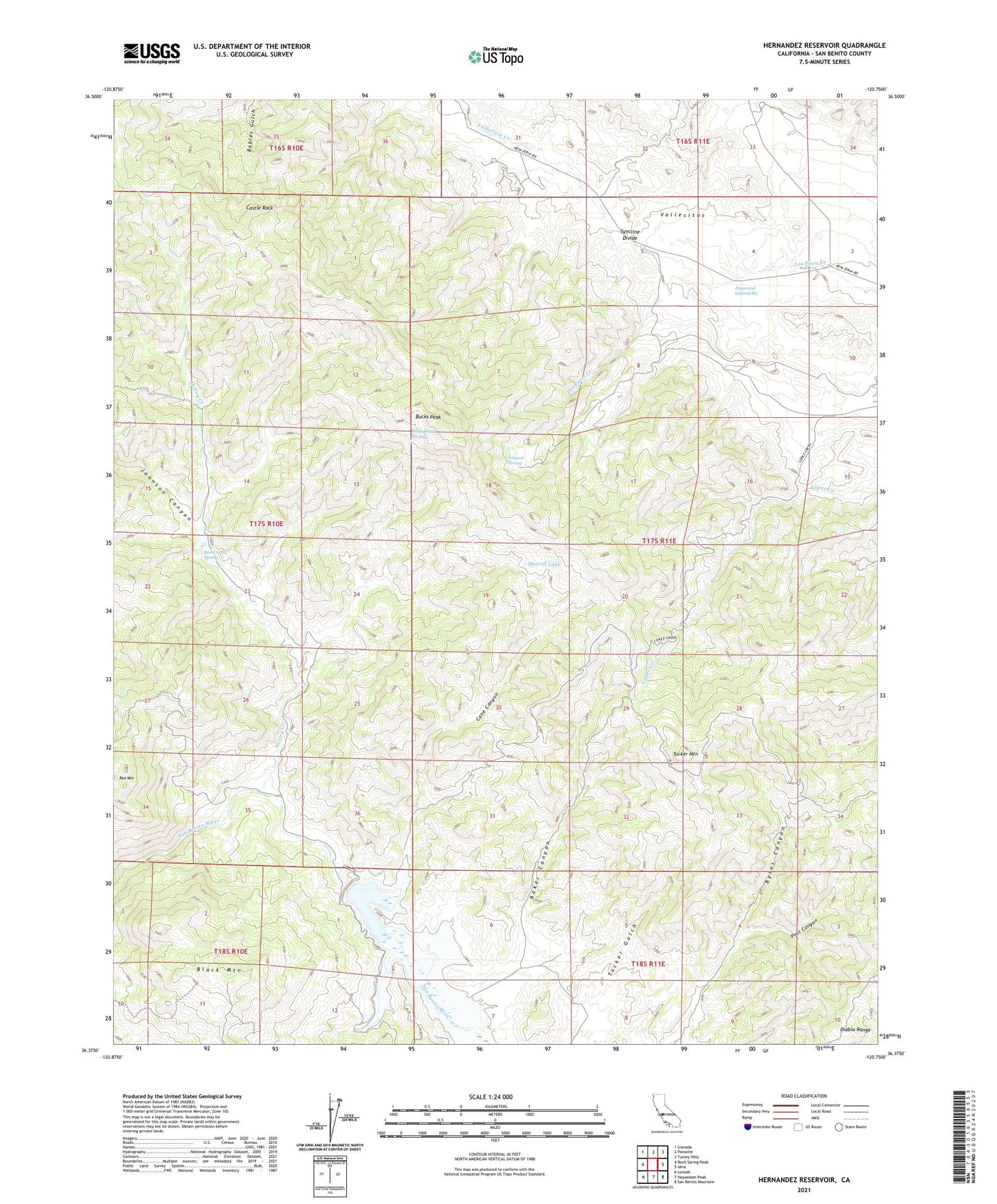 Hernandez Reservoir California US Topo Map Image