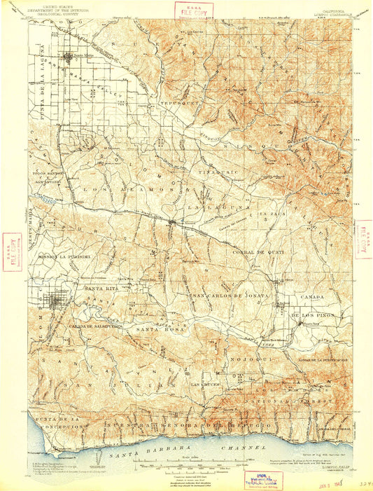 Historic 1905 Lompoc California 30'x30' Topo Map Image