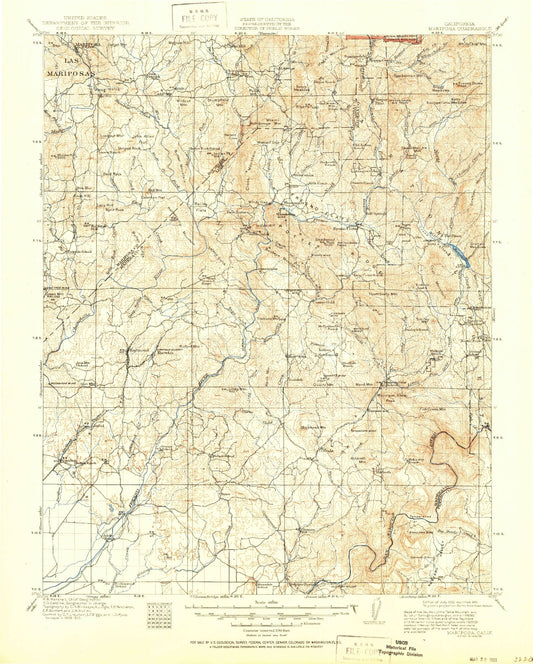 Historic 1912 Mariposa California 30'x30' Topo Map Image