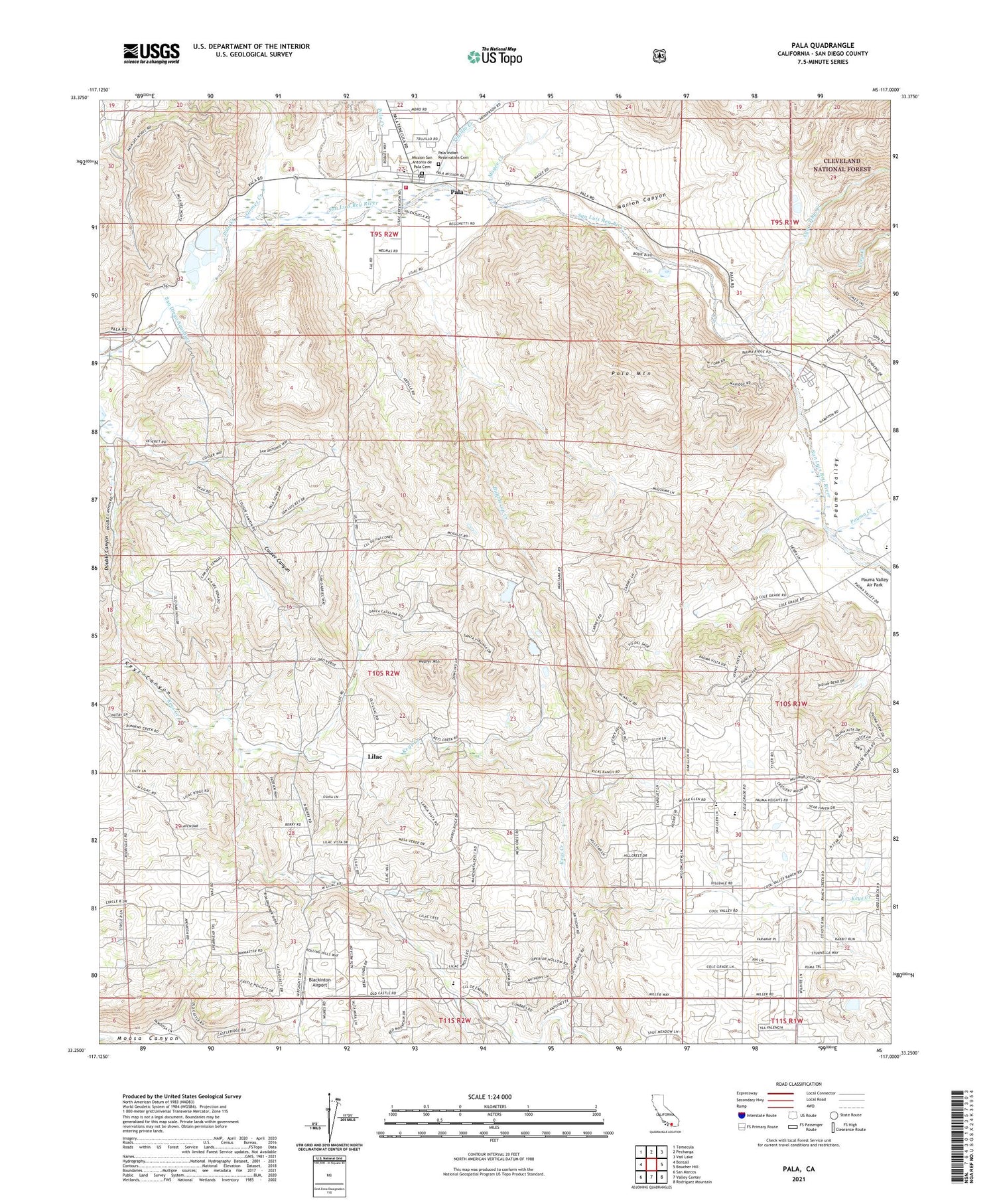 Pala California US Topo Map Image