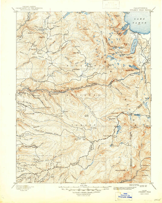 Historic 1896 Pyramid Peak California 30'x30' Topo Map Image