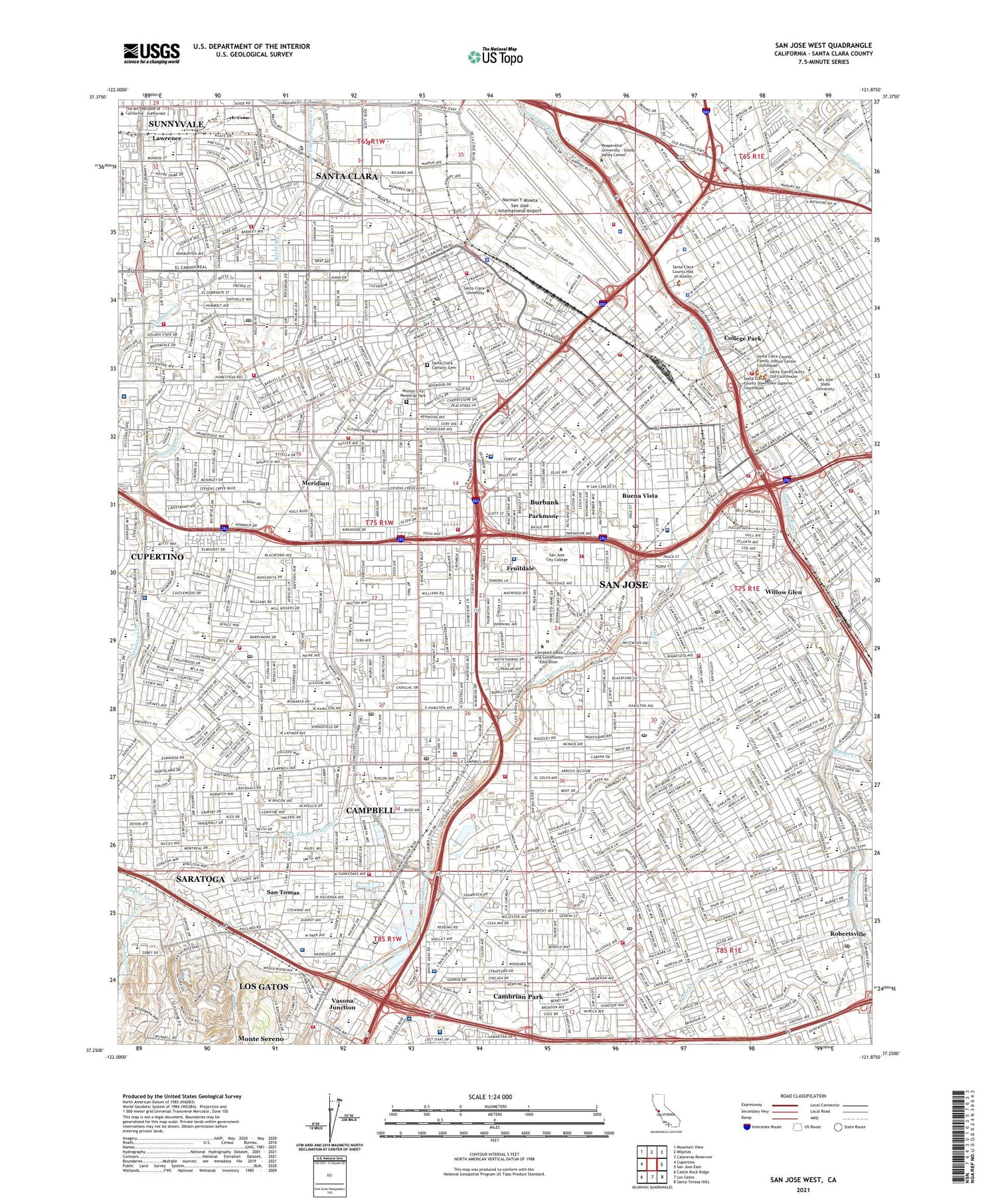 San Jose West California US Topo Map Image