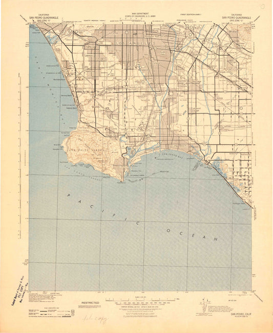 Historic 1943 Los Angeles South California 30'x30' Topo Map Image