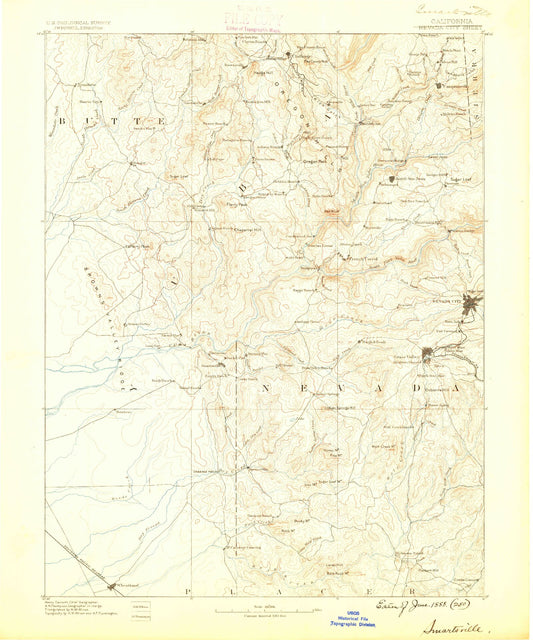 Historic 1888 Smartsville California 30'x30' Topo Map Image
