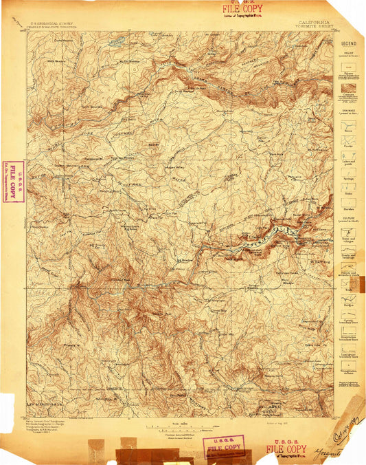 Historic 1897 Yosemite California 30'x30' Topo Map Image