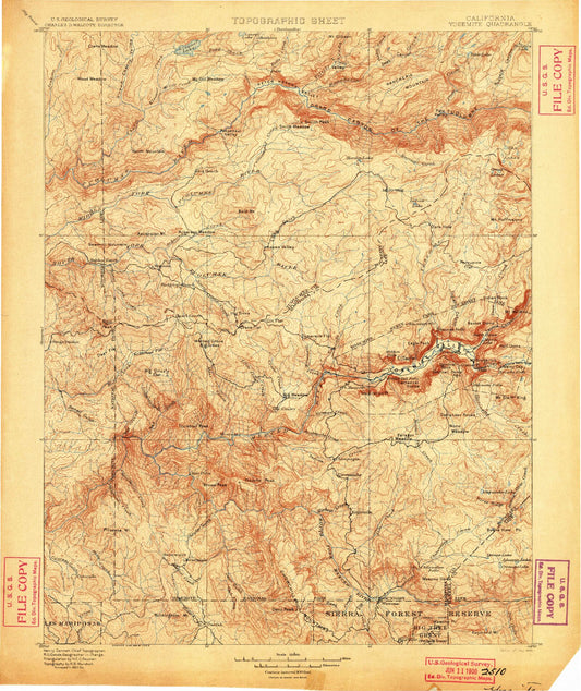 Historic 1900 Yosemite California 30'x30' Topo Map Image