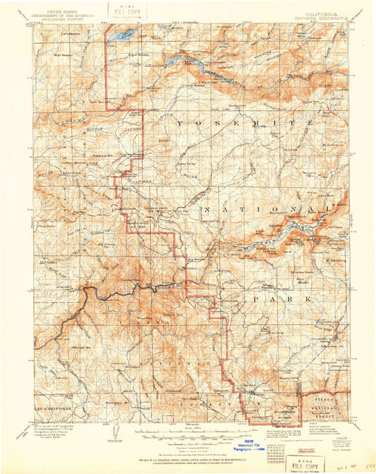 Historic 1909 Yosemite California 30'x30' Topo Map Image