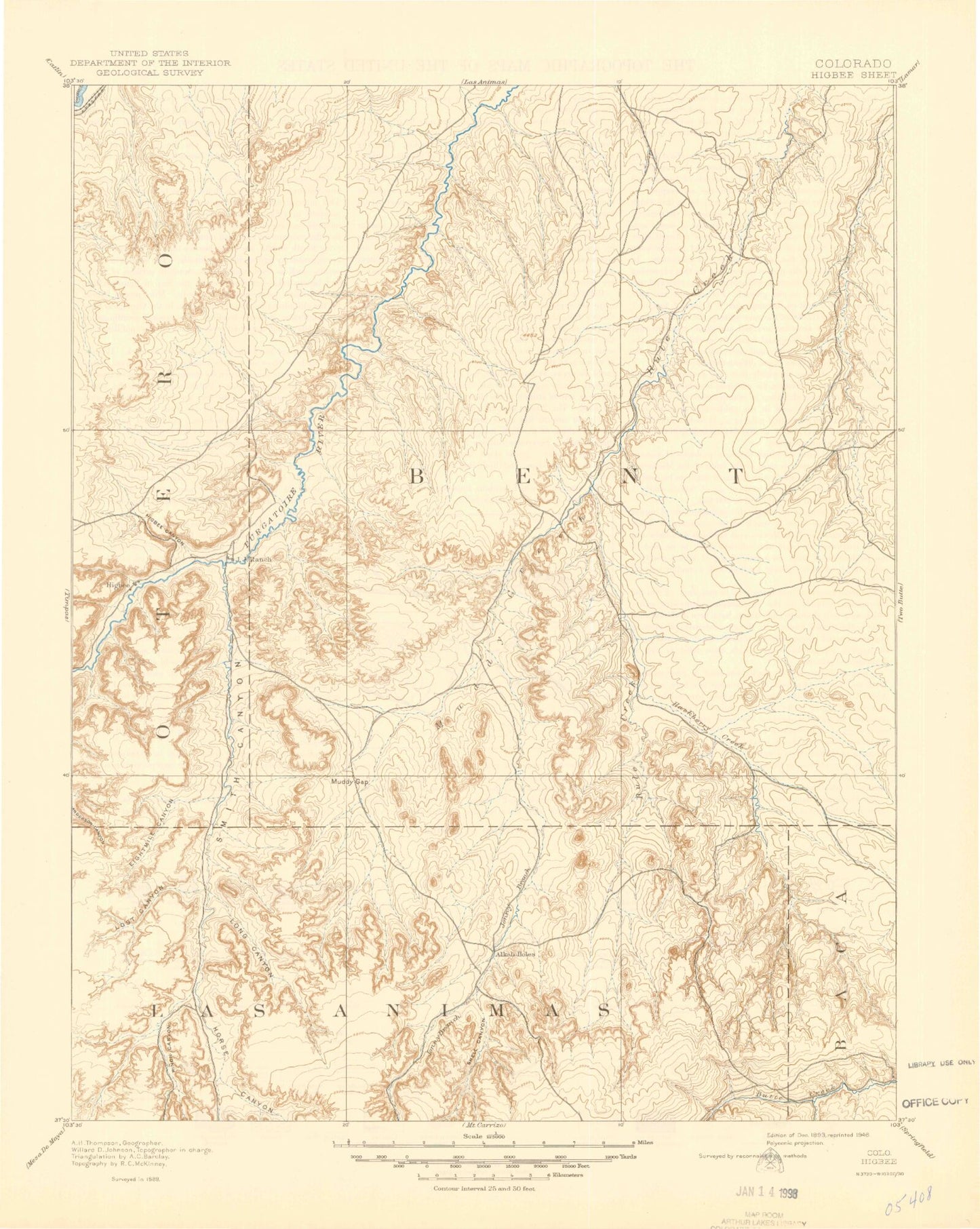 Historic 1893 Higbee Colorado 30'x30' Topo Map Image