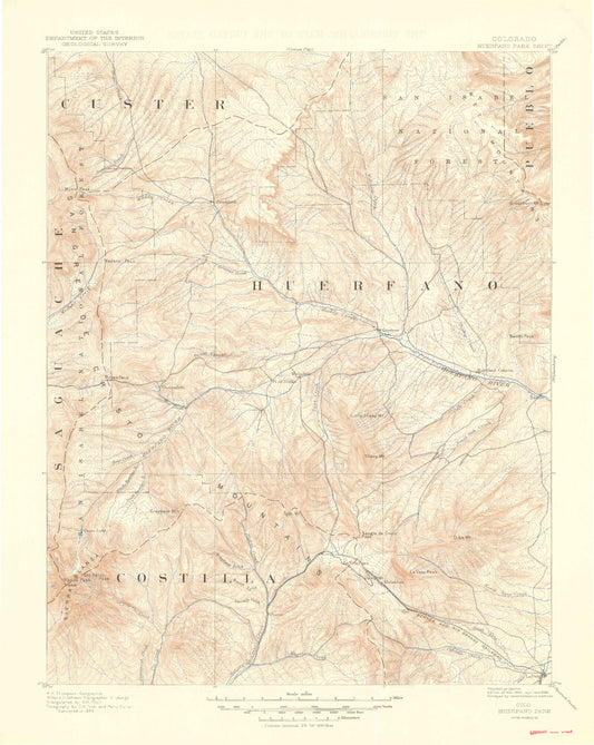 Historic 1892 Huerfano Park Colorado 30'x30' Topo Map Image