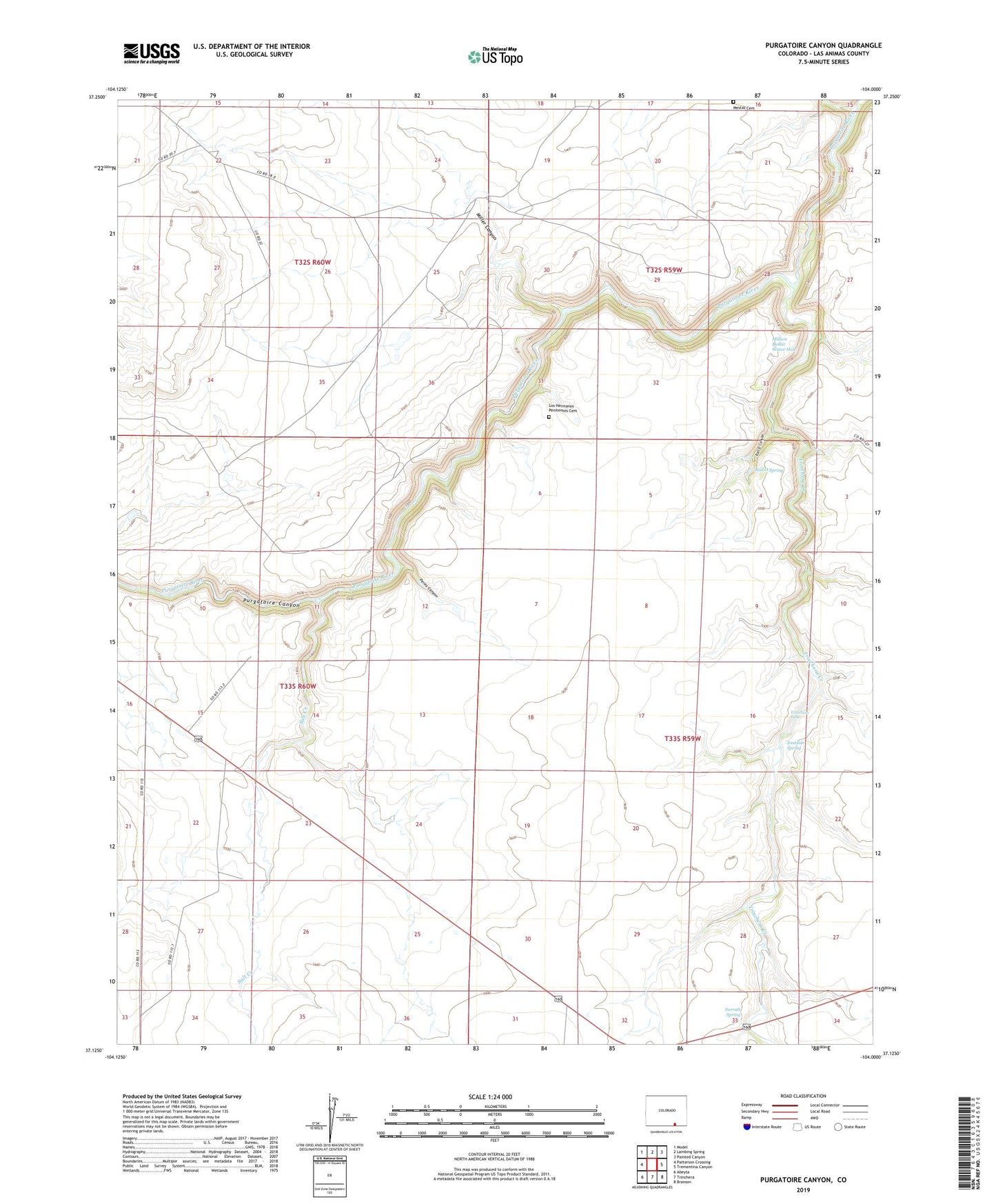 Purgatoire Canyon Colorado US Topo Map Image