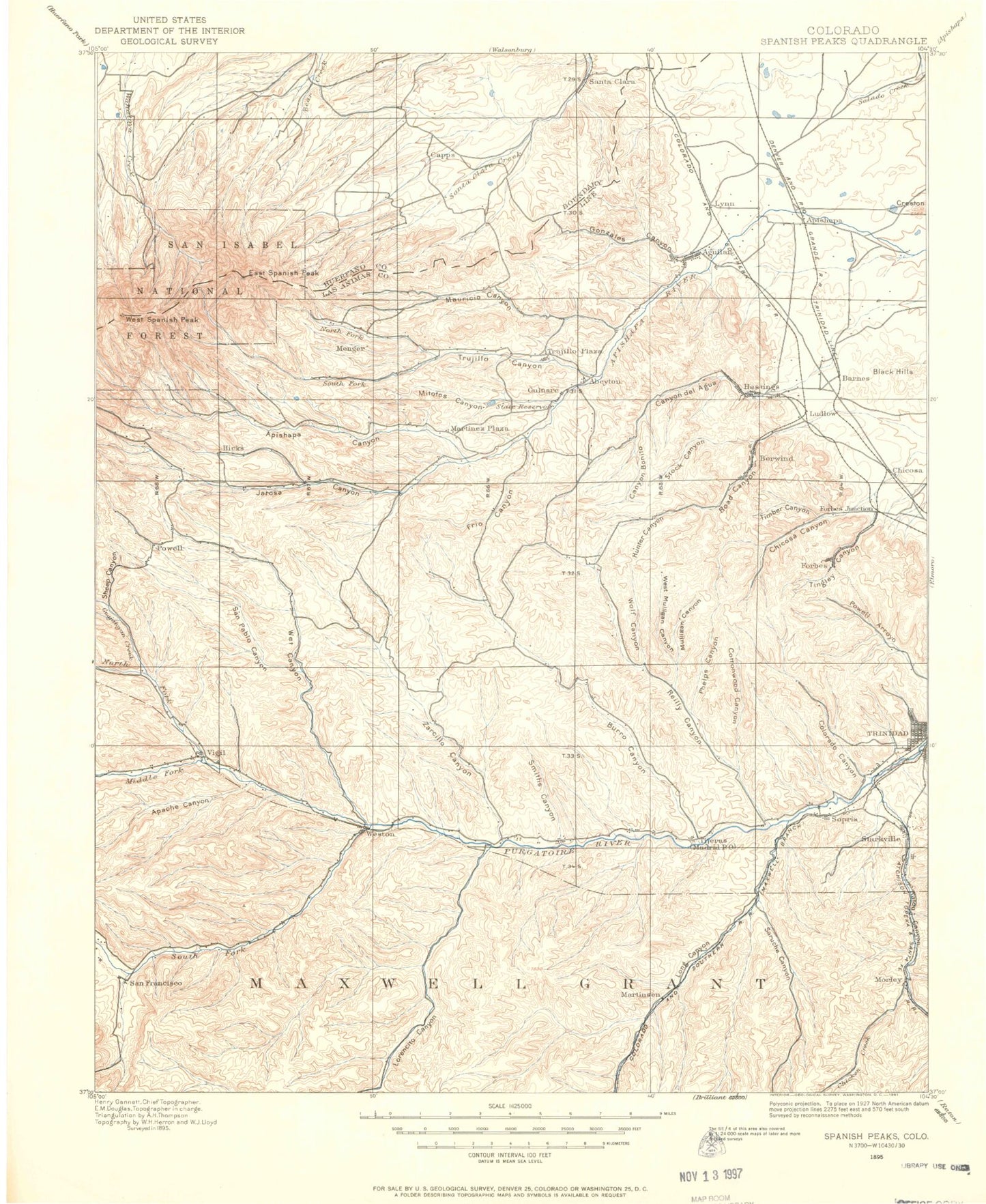 Historic 1895 Spanish Peaks Colorado 30'x30' Topo Map Image