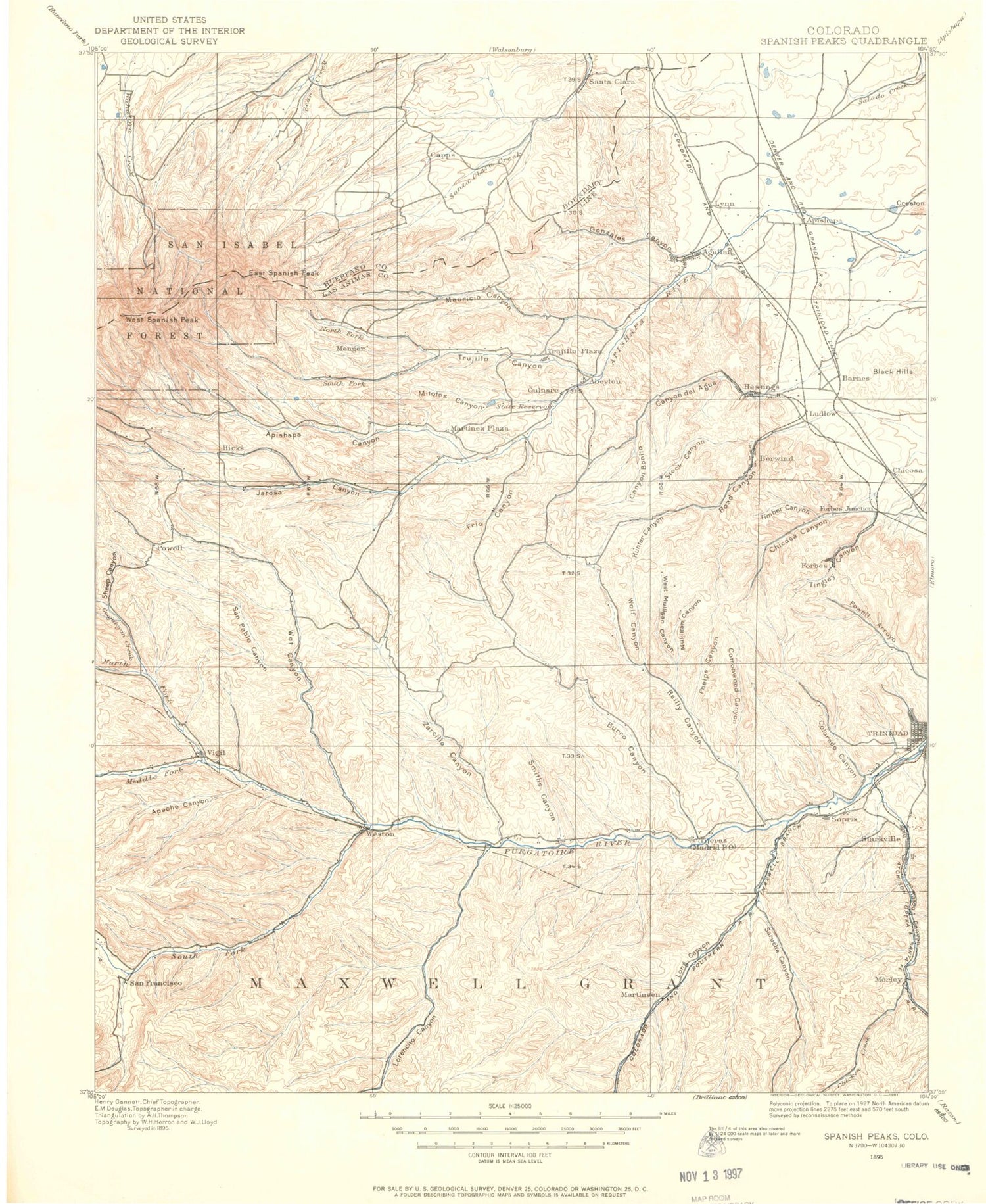 Historic 1895 Spanish Peaks Colorado 30'x30' Topo Map Image
