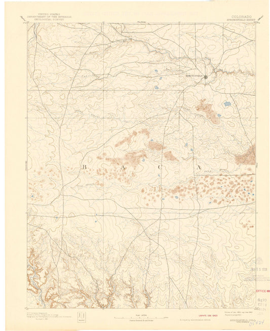 Historic 1893 Springfield Colorado 30'x30' Topo Map Image