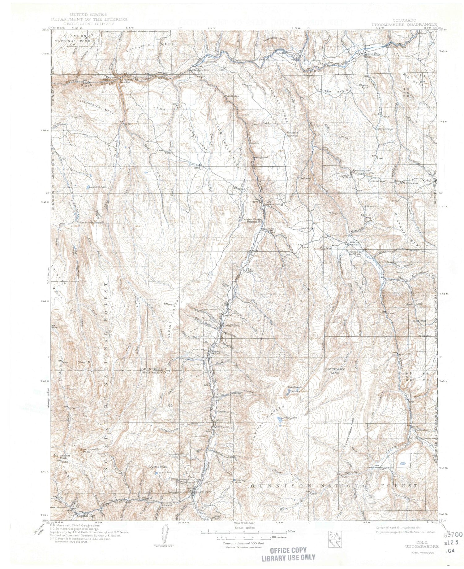 Historic 1911 Uncompahgre Colorado 30'x30' Topo Map Image