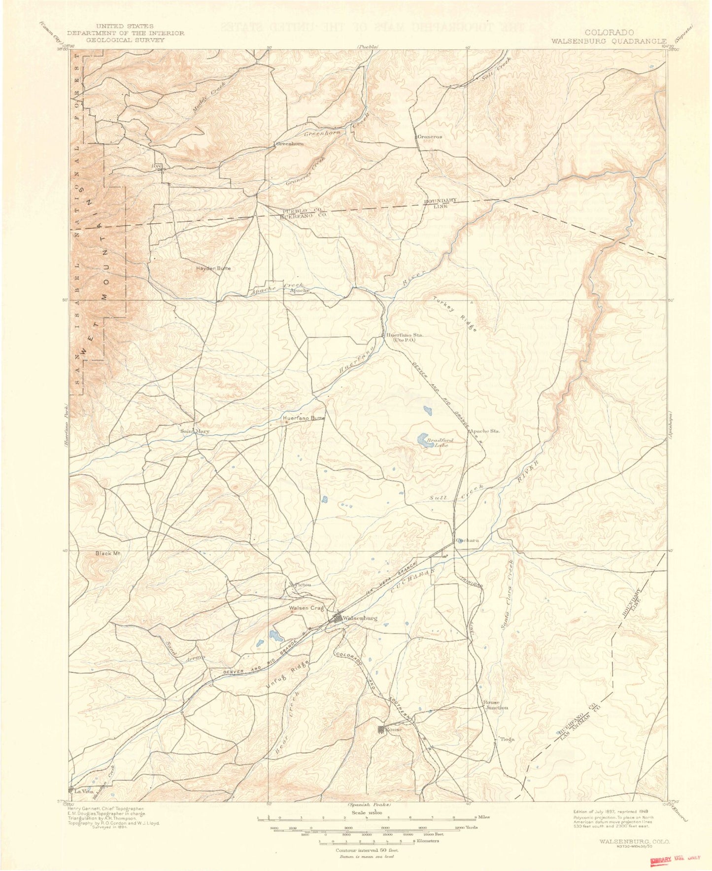 Historic 1897 Walsenburg Colorado 30'x30' Topo Map Image