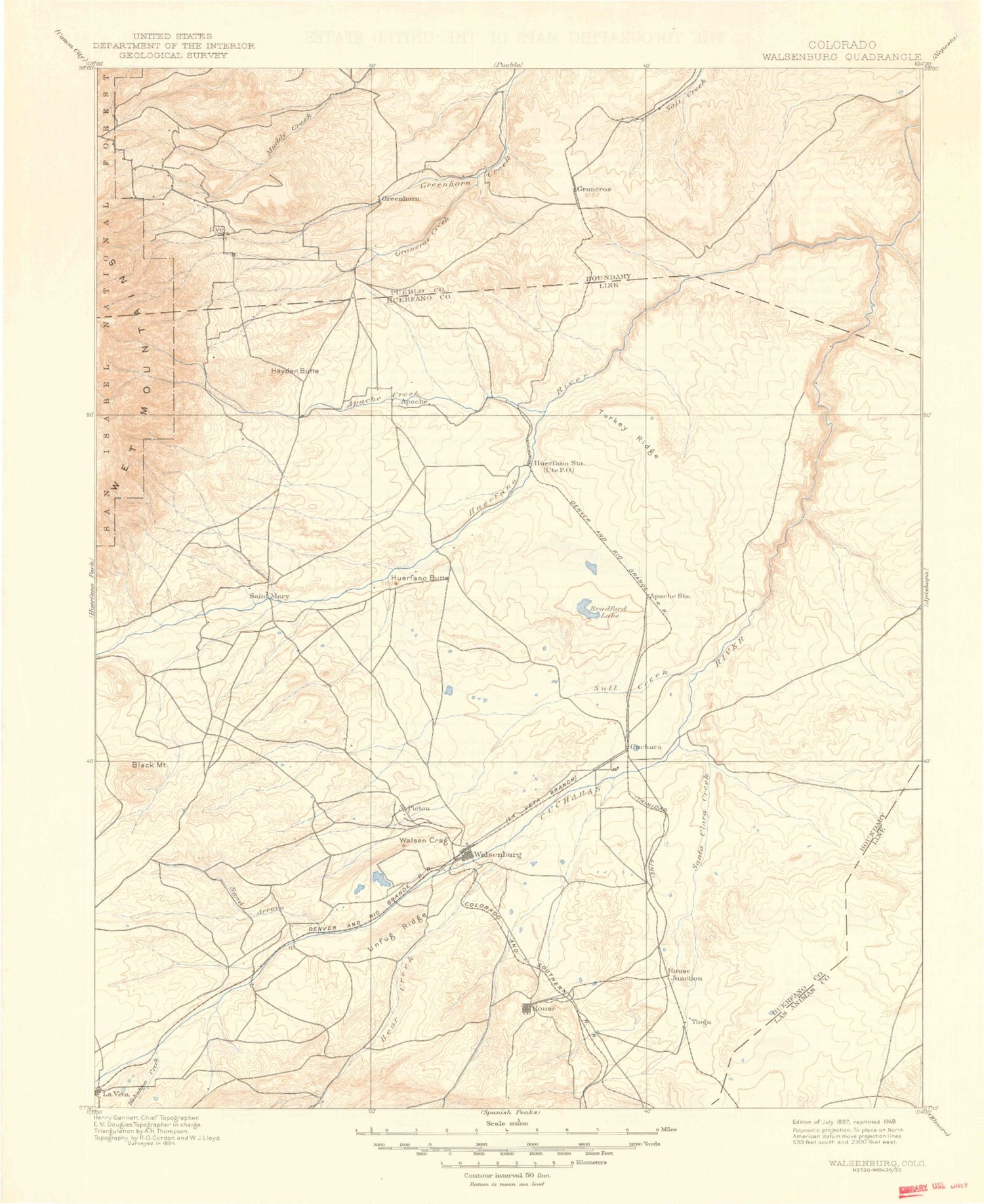 Historic 1897 Walsenburg Colorado 30'x30' Topo Map Image
