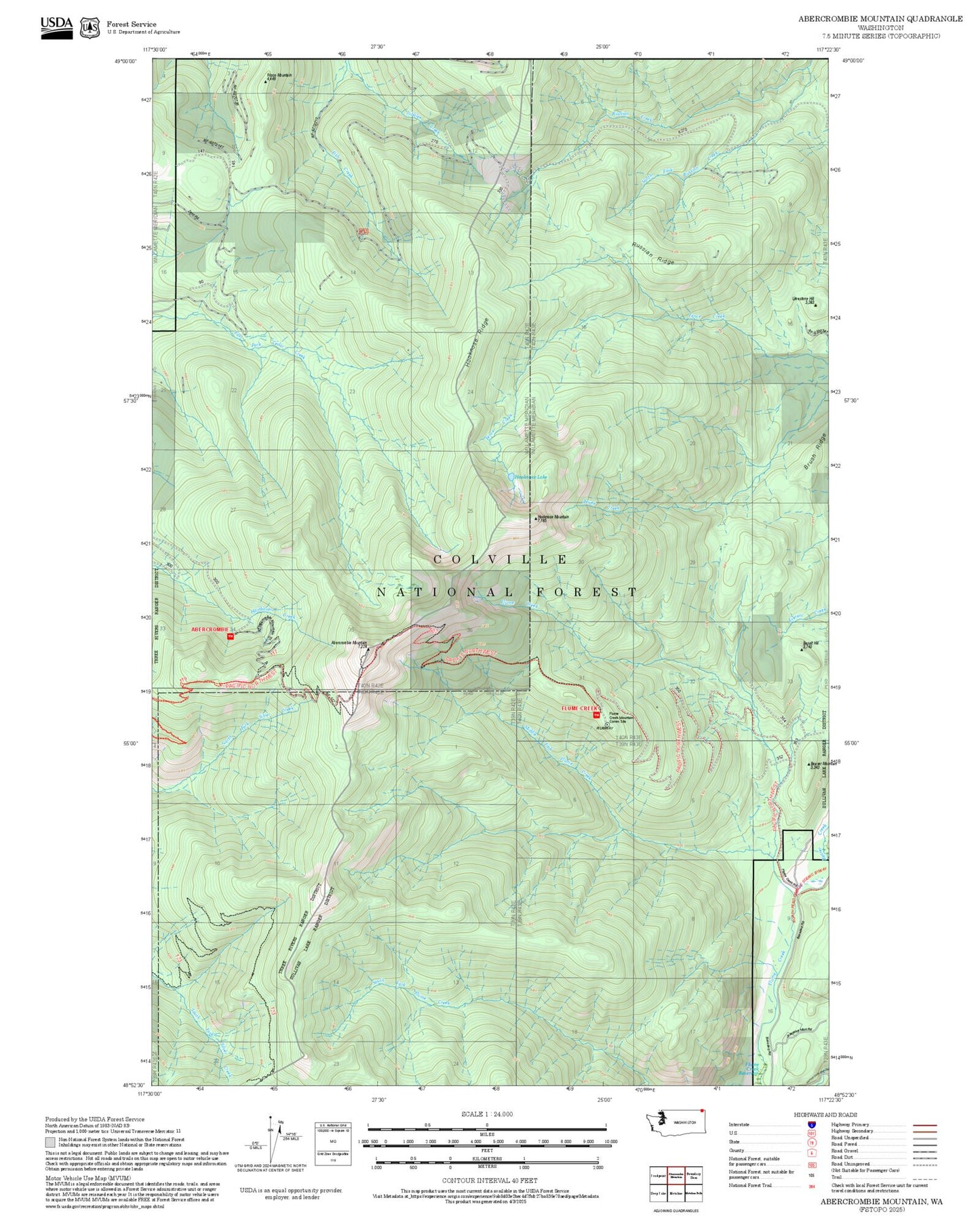 2025 Forest Service Topo Map of Abercrombie Mountain Washington