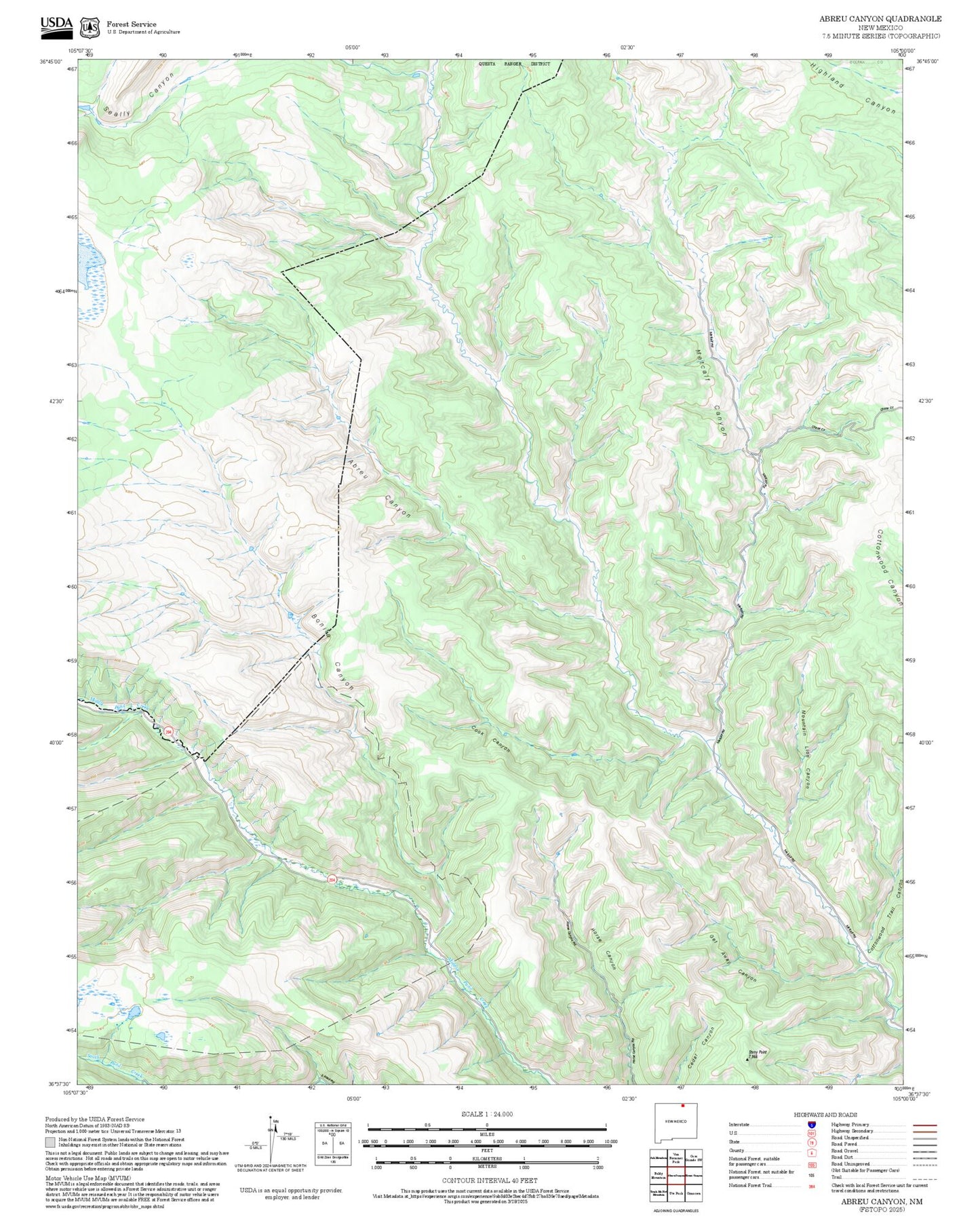 2025 Forest Service Topo Map of Abreu Canyon New Mexico