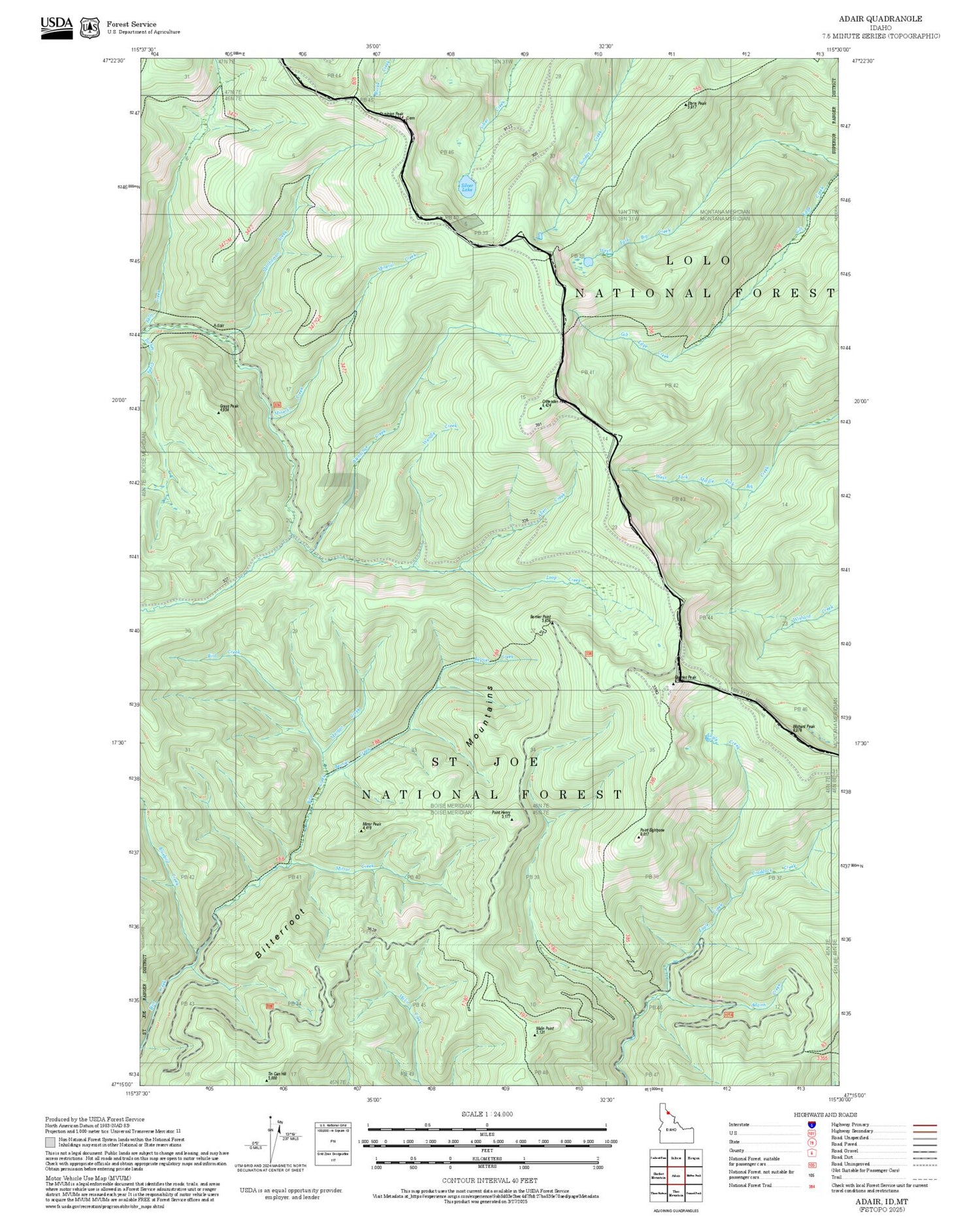 2025 Forest Service Topo Map of Adair Idaho