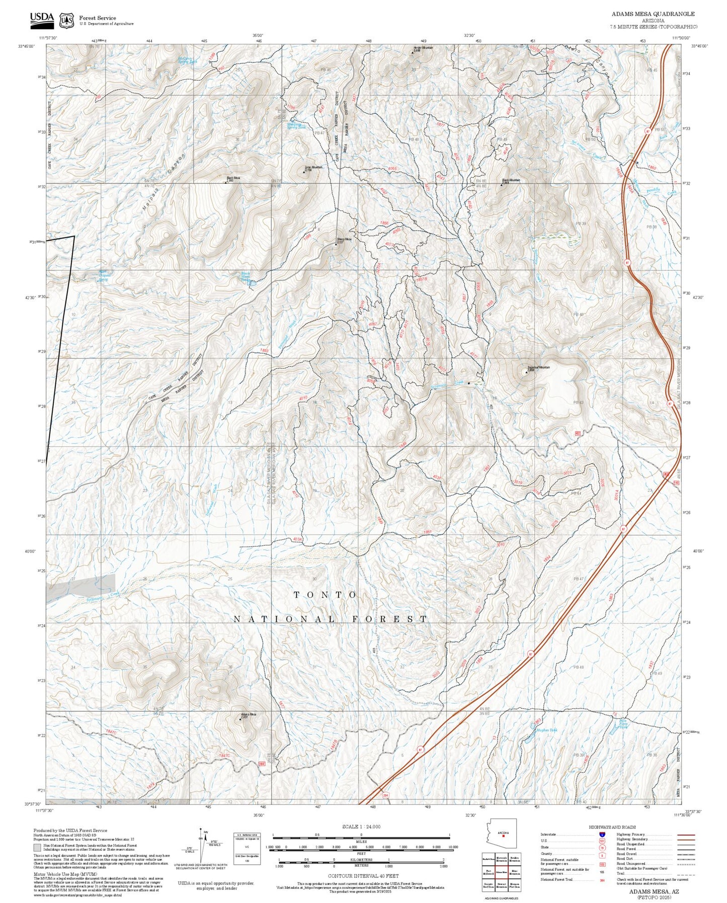 2025 Forest Service Topo Map of Adams Mesa Arizona