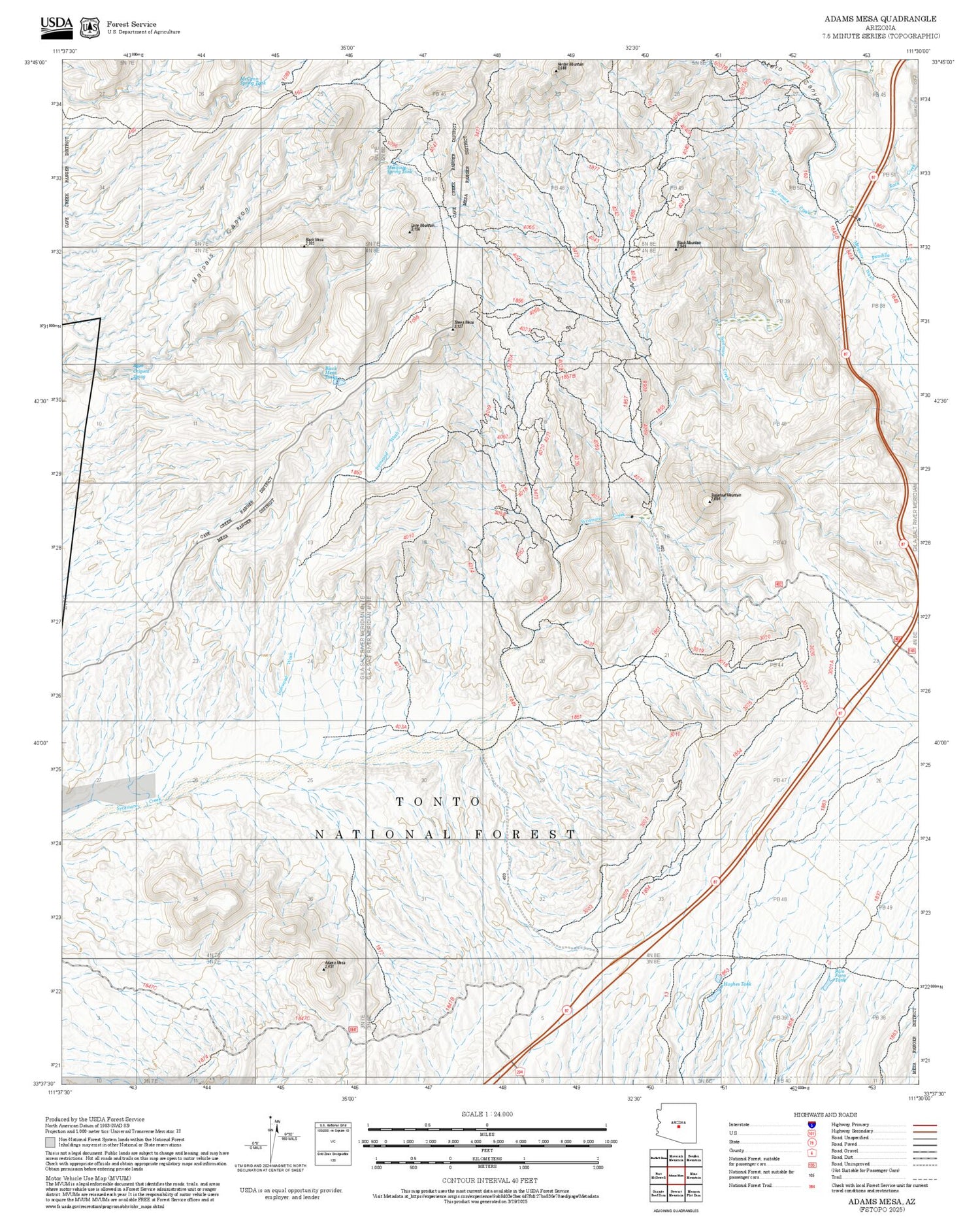 2025 Forest Service Topo Map of Adams Mesa Arizona