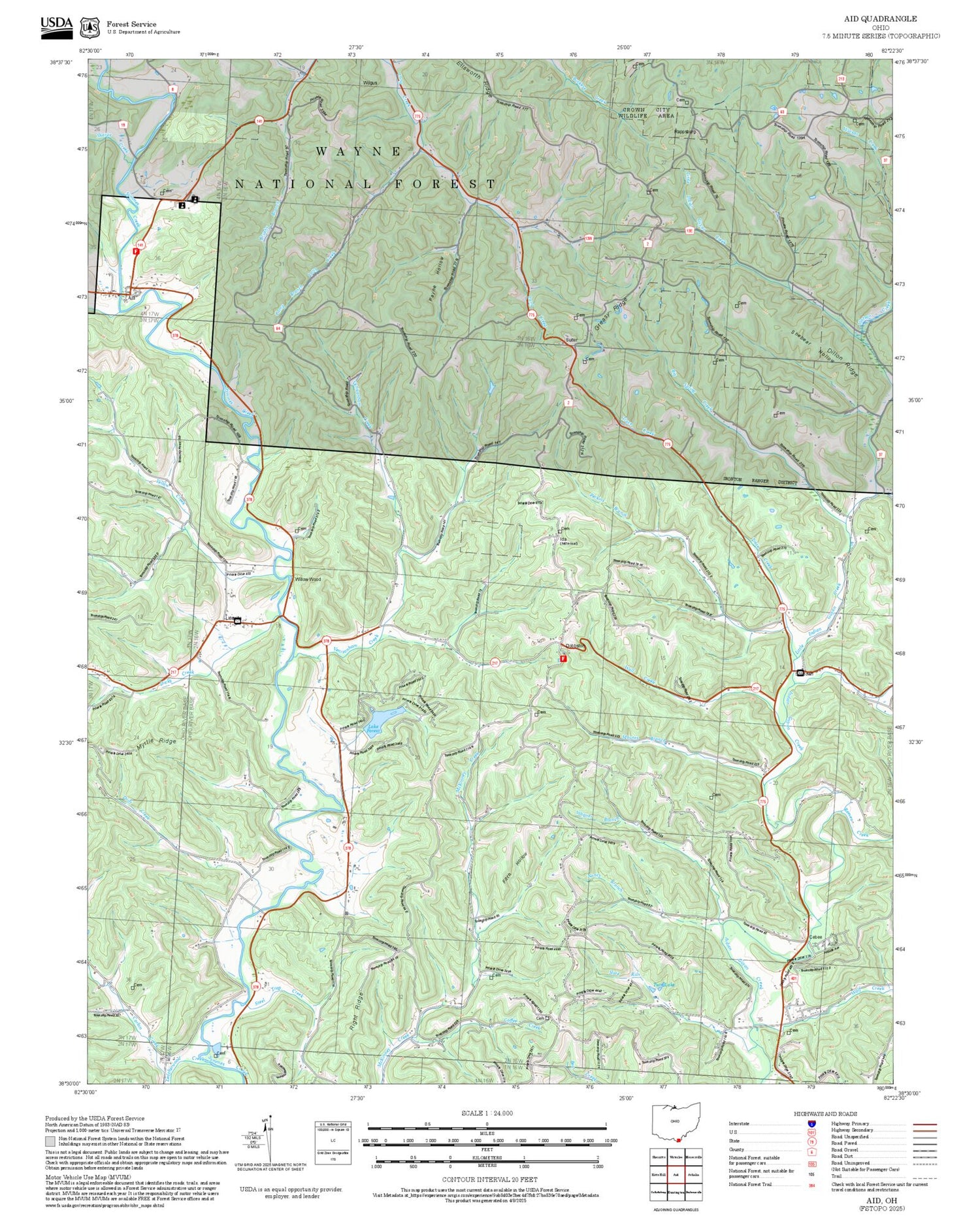 2025 Forest Service Topo Map of Aid Ohio